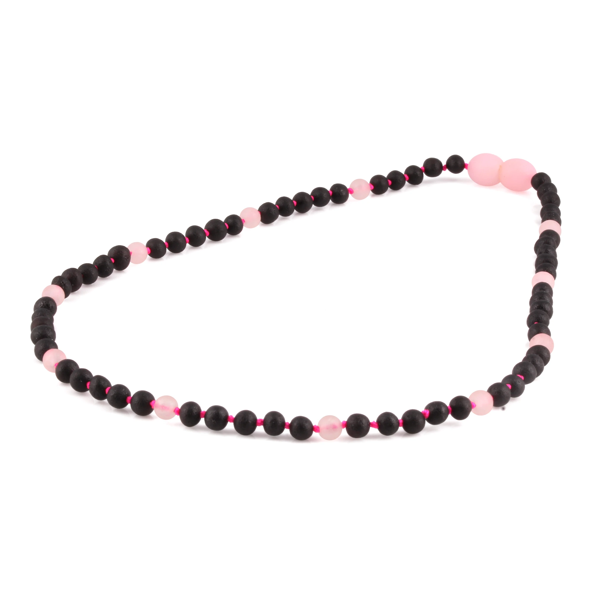 Baltic Amber & Rose Quartz Junior Necklace Baroque Black Matte Finish - Wholesale Lot of 10pcs - 38cm / 15in - JN88-S