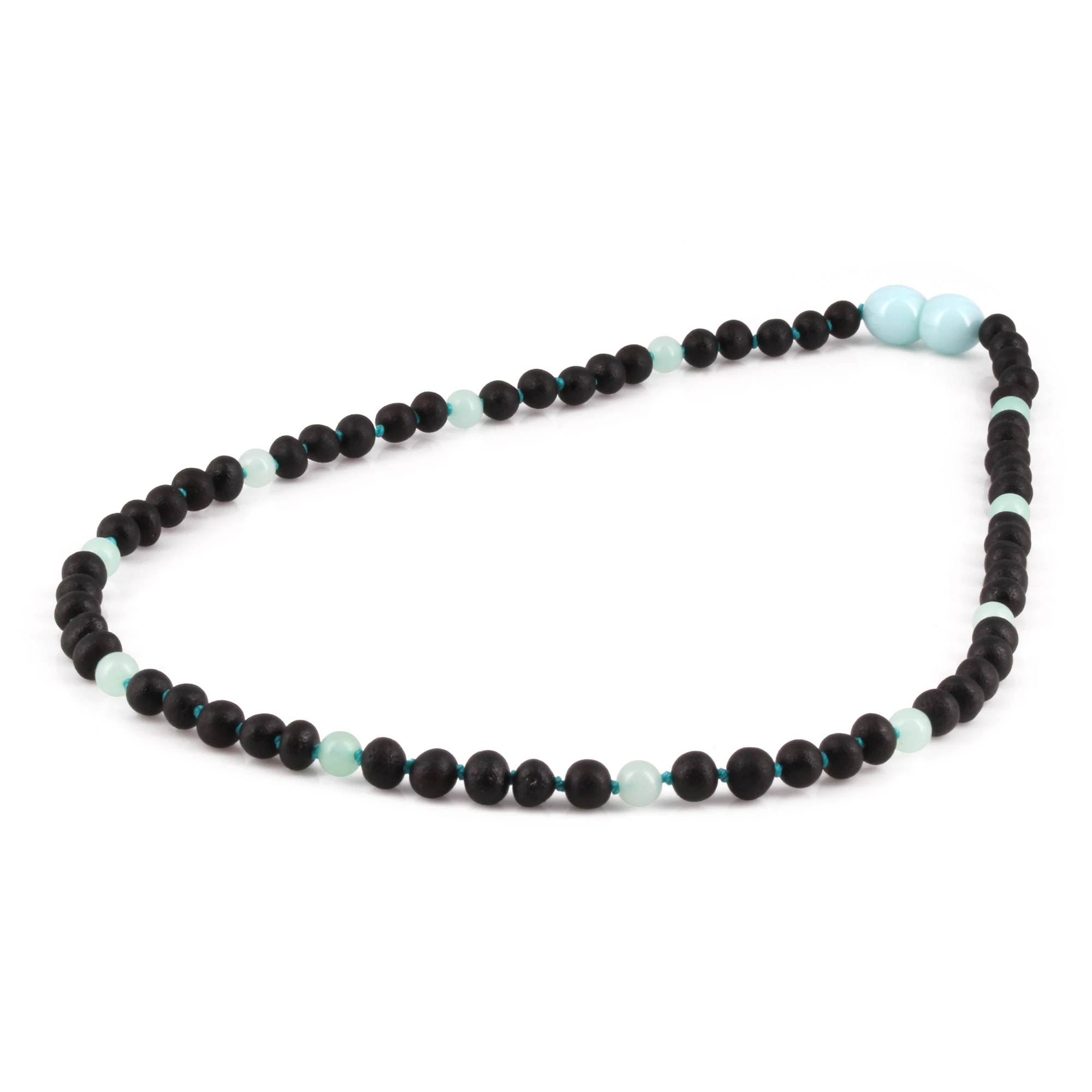 Baltic Amber & Sky Blue Jade Junior Necklace Baroque Black Matte Finish - Wholesale Lot of 10pcs - 38cm / 15in - JN85-S