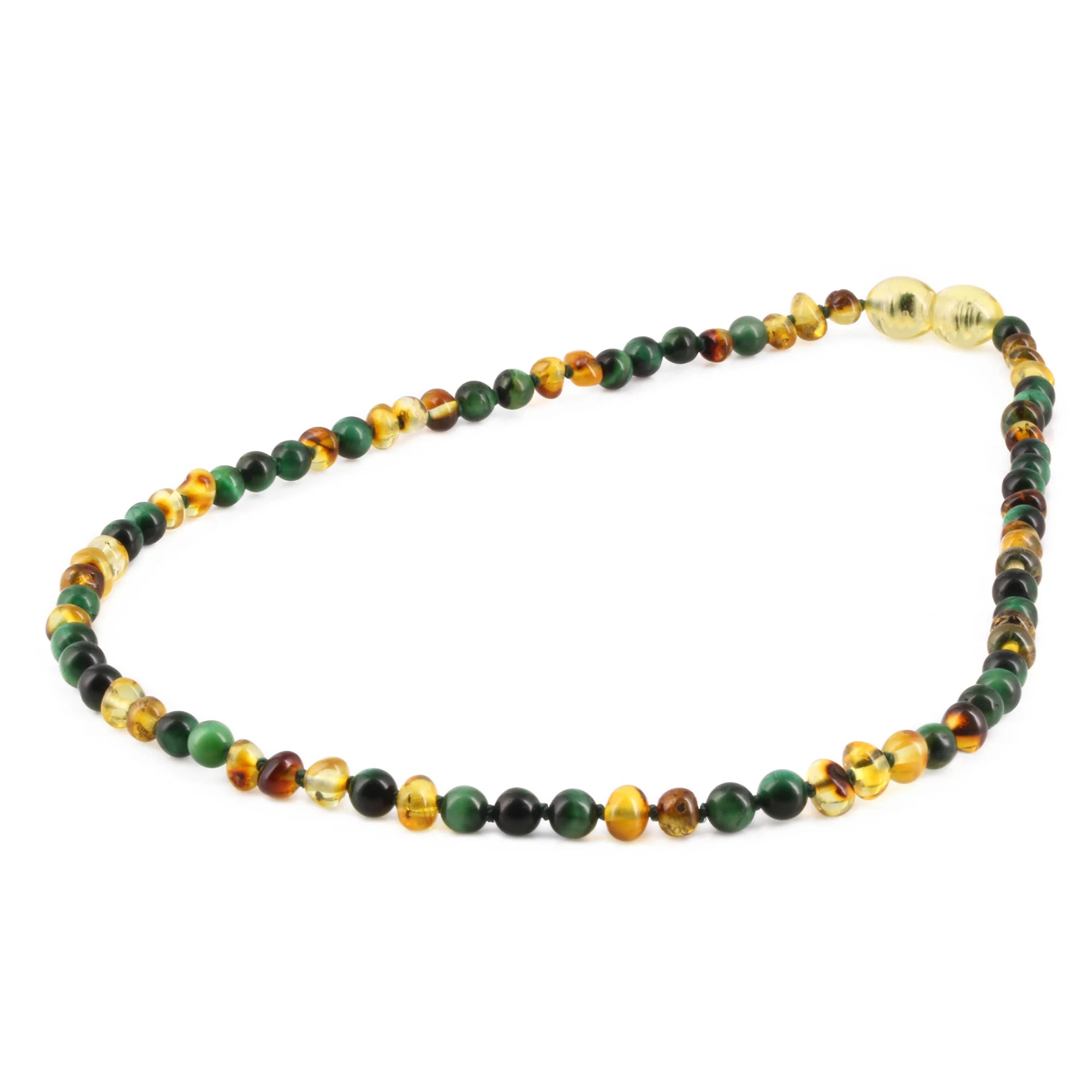 Baltic Amber & Green Tiger Eye Junior Necklace Baroque Multicolor Glossy Finish - Wholesale Lot of 10pcs - 38cm / 15in - JN103 V2