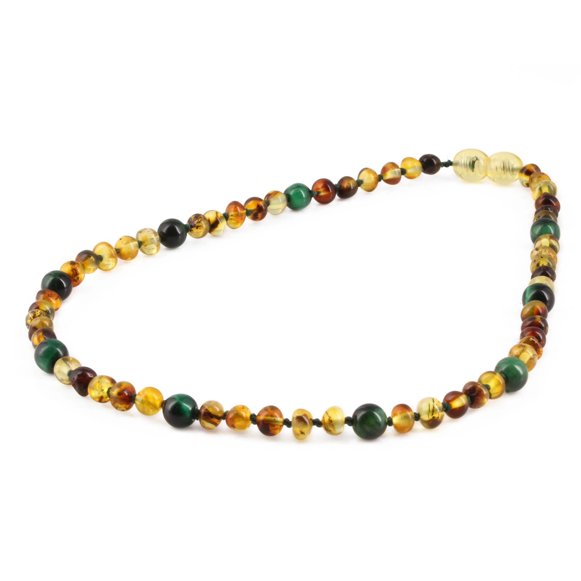 Baltic Amber & Green Tiger Eye Junior Necklace Baroque Multicolor Glossy Finish - Wholesale Lot of 10pcs - 38cm / 15in - JN103