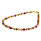 Baltic Amber & Magenta Tiger Eye Junior Necklace Baroque Multicolor Glossy Finish - Wholesale Lot of 10pcs - 38cm / 15in - JN102
