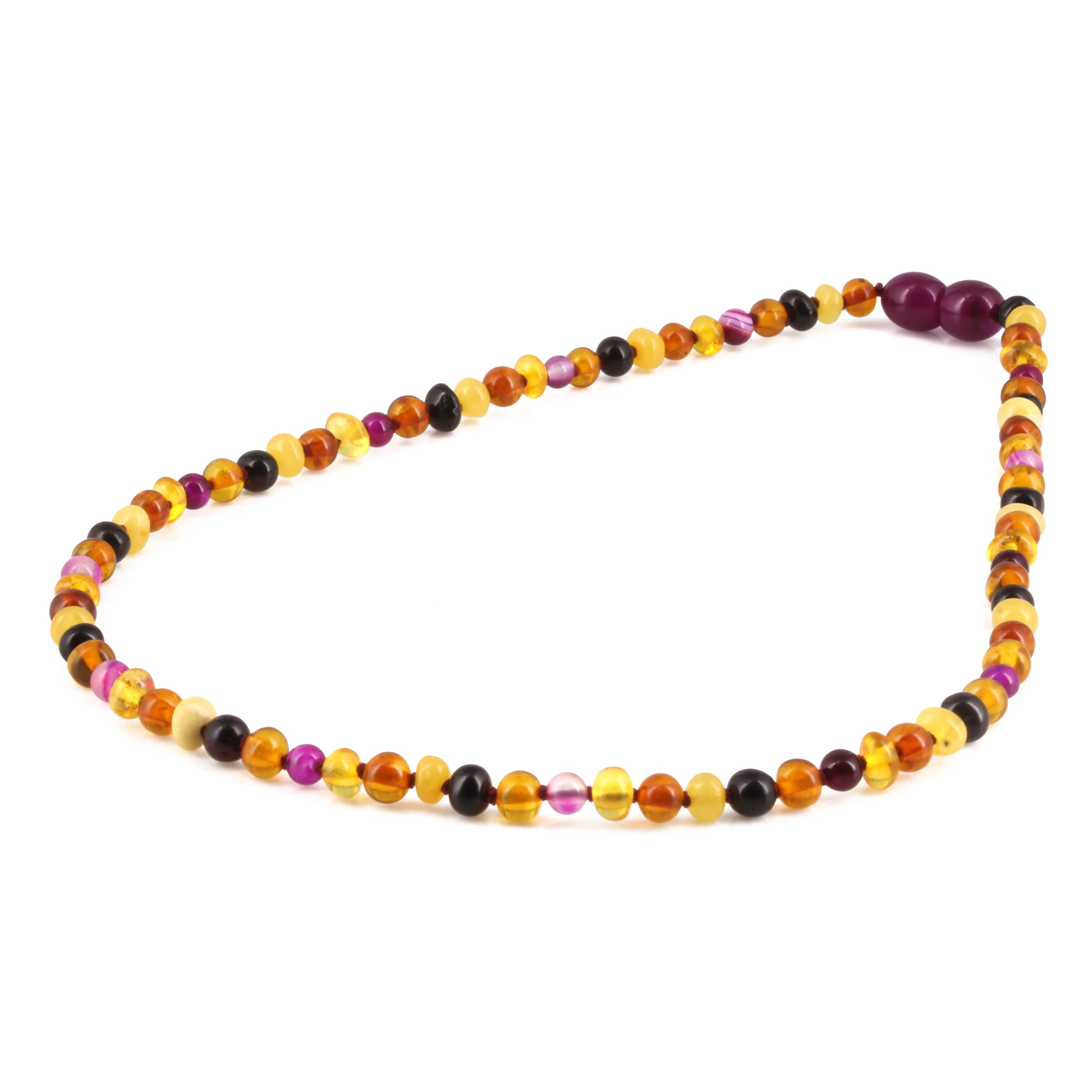 Baltic Amber & Pink Agate Junior Necklace Baroque Multicolor Glossy Finish - Wholesale Lot of 10pcs - 38cm / 15in - JN97-S