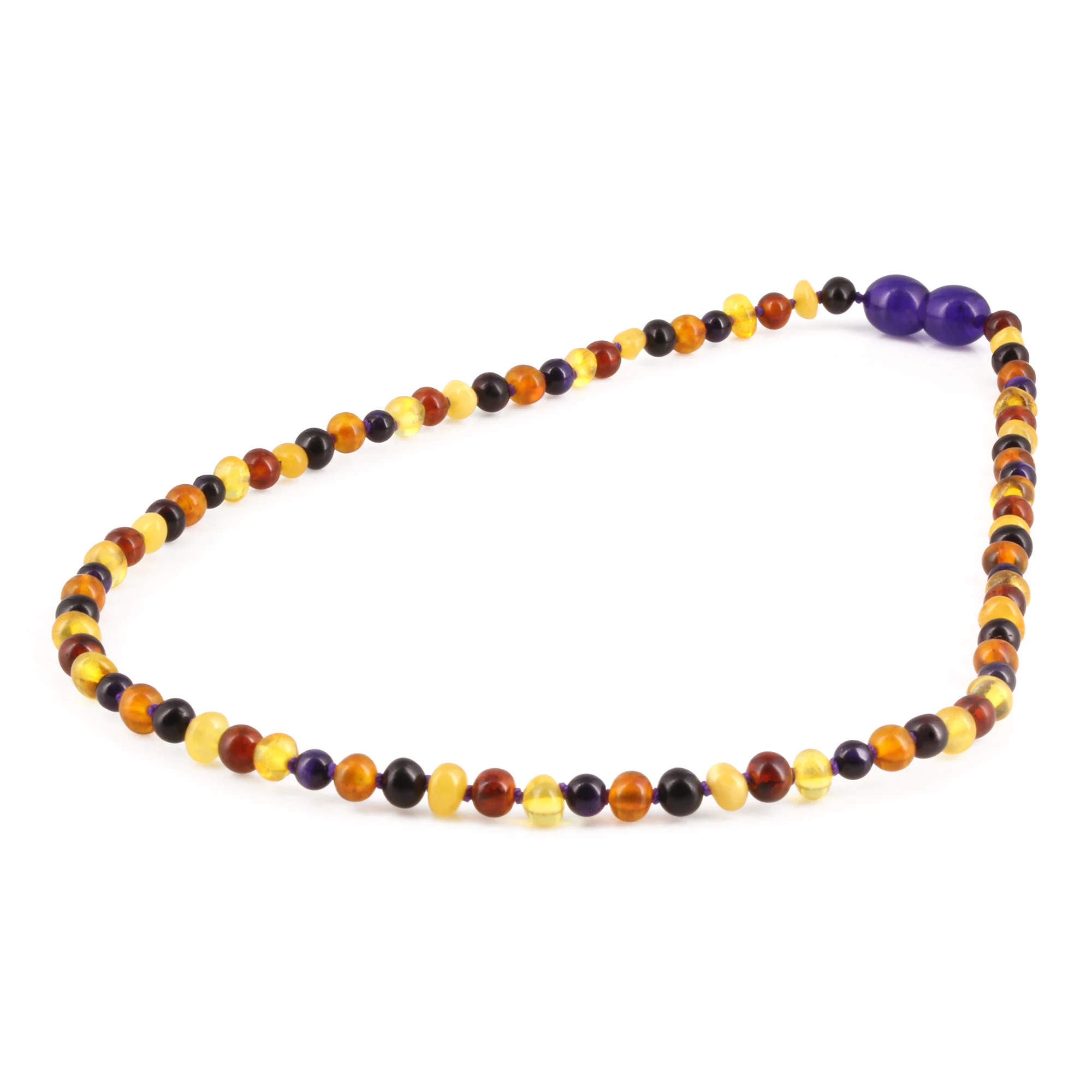 Baltic Amber & Purple Tiger Eye Junior Necklace Baroque Multicolor Glossy Finish - Wholesale Lot of 10pcs - 38cm / 15in - JN100-S