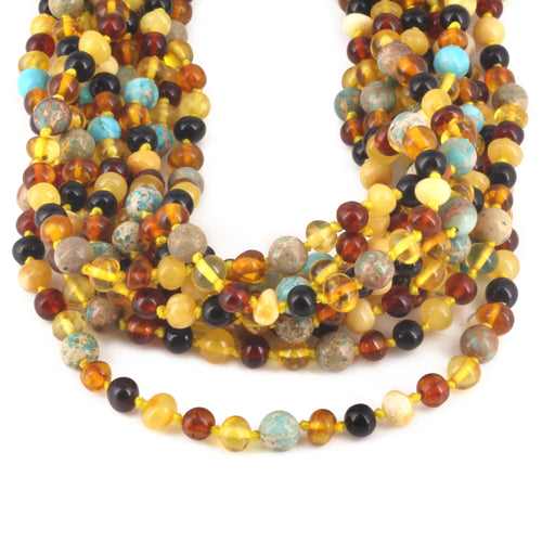 Baltic Amber & Gemstone Junior Necklace Baroque Multicolor Glossy Finish - Wholesale Lot of 10pcs - 38cm / 15in - JN96
