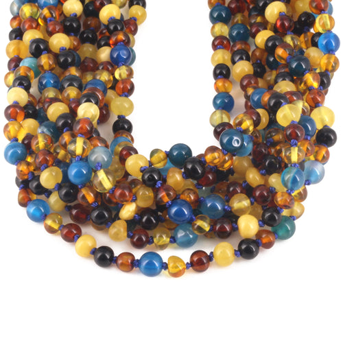 Baltic Amber & Blue Agate Junior Necklace Baroque Multicolor Glossy Finish - Wholesale Lot of 10pcs - 38cm / 15in - JN94