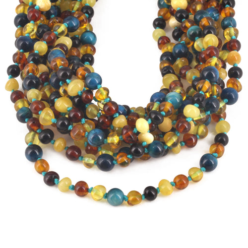 Baltic Amber & Blue Tiger Eye Junior Necklace Baroque Multicolor Glossy Finish - Wholesale Lot of 10pcs - 38cm / 15in - JN93