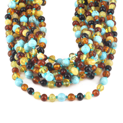 Baltic Amber & Turquoise Junior Necklace Baroque Multicolor Glossy Finish - Wholesale Lot of 10pcs - 38cm / 15in - JN95