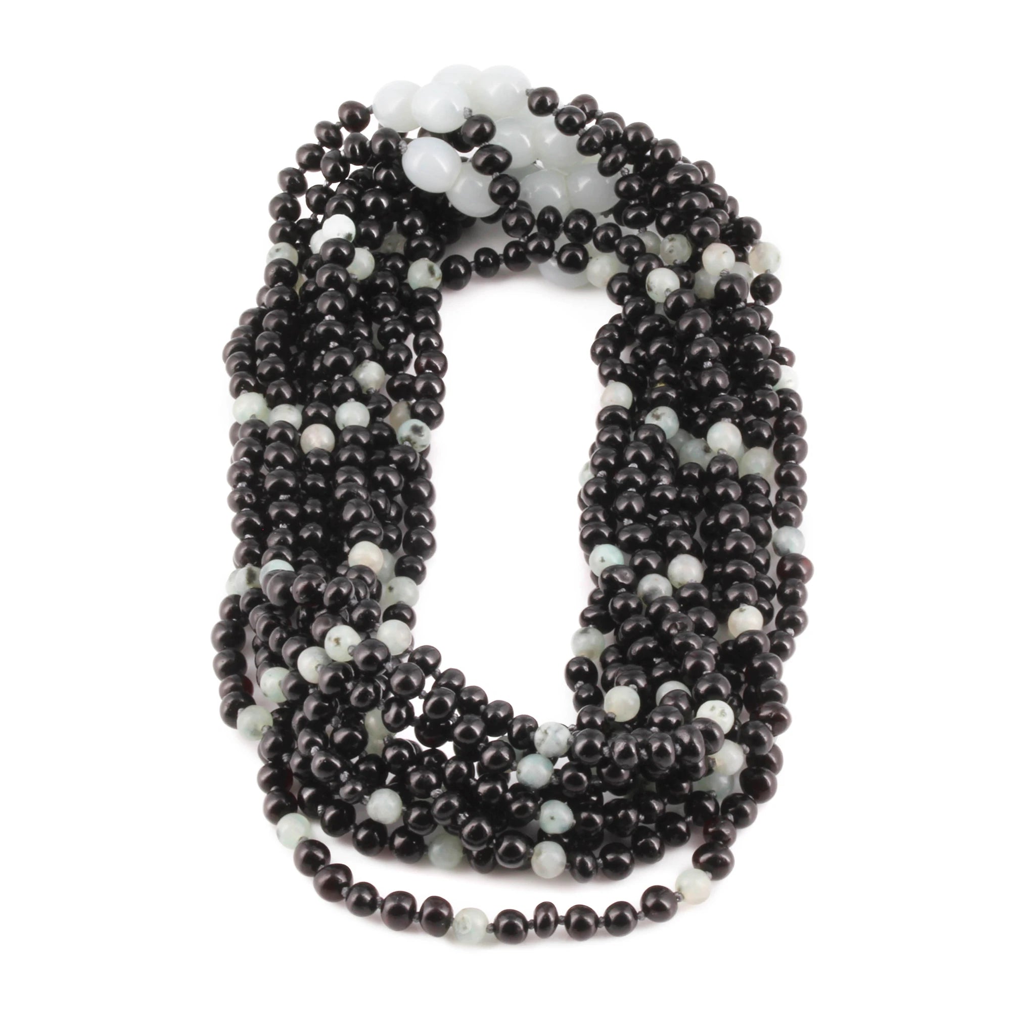 Baltic Amber & Kiwi Jasper Junior Necklace Baroque Black Glossy Finish - Wholesale Lot of 10pcs - 38cm / 15in - JN90-S