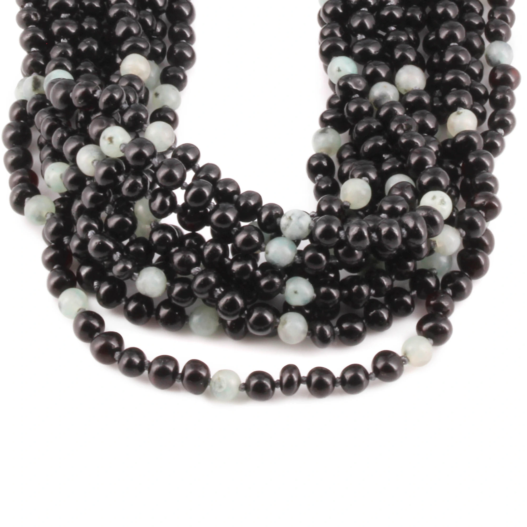 Baltic Amber & Kiwi Jasper Junior Necklace Baroque Black Glossy Finish - Wholesale Lot of 10pcs - 38cm / 15in - JN90-S