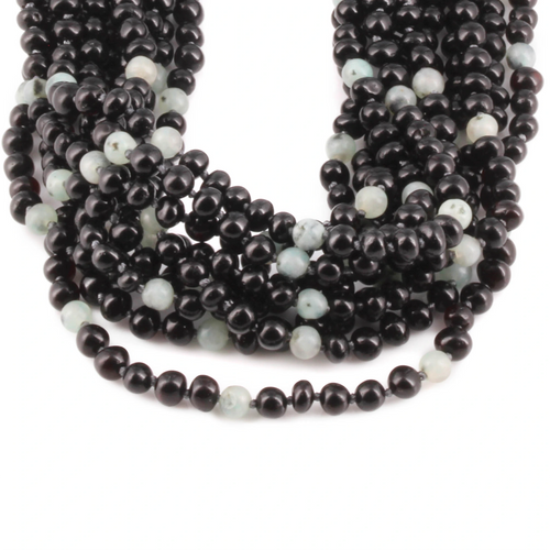 Baltic Amber & Kiwi Jasper Junior Necklace Baroque Black Glossy Finish - Wholesale Lot of 10pcs - 38cm / 15in - JN90-S
