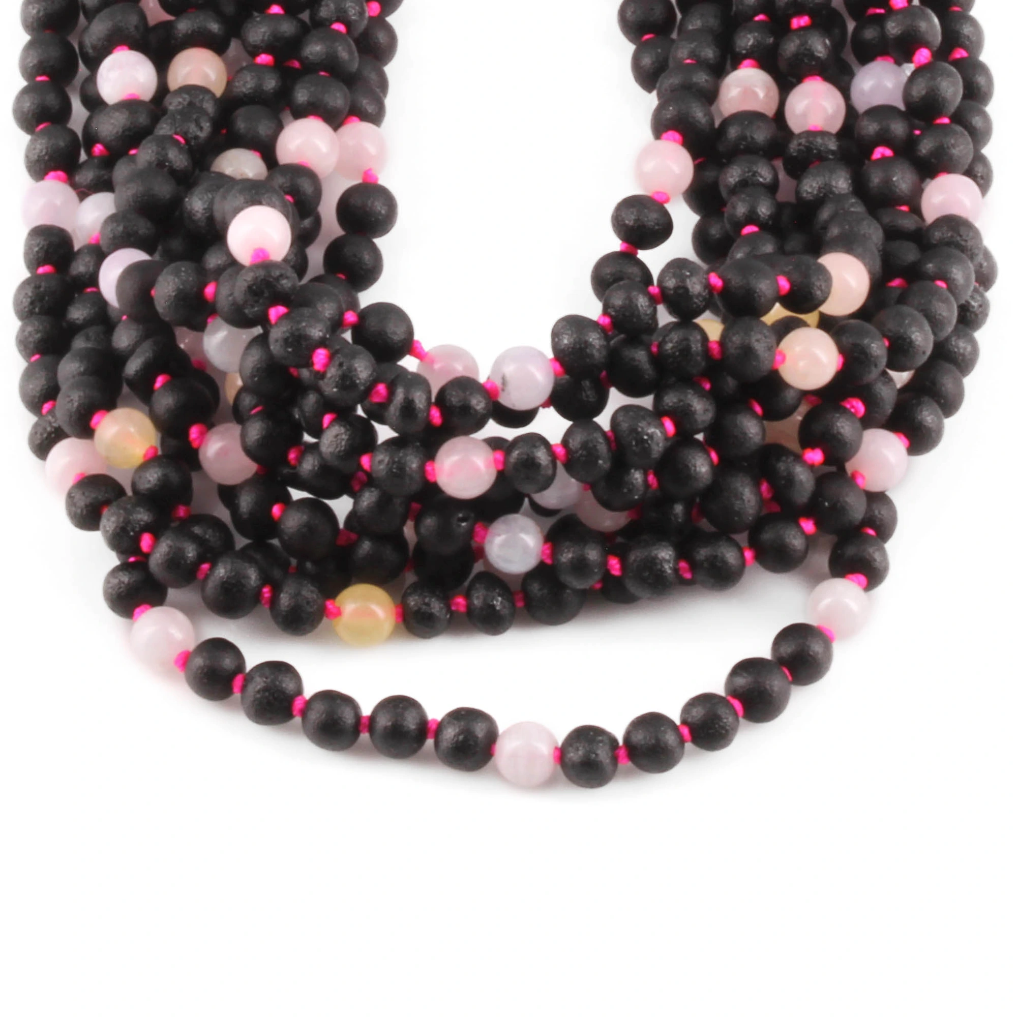 Baltic Amber & Morganite Junior Necklace Baroque Black Matte Finish - Wholesale Lot of 10pcs - 38cm / 15in - JN86-S