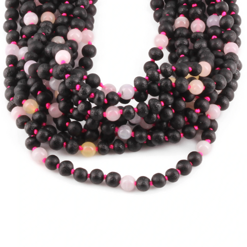 Baltic Amber & Morganite Junior Necklace Baroque Black Matte Finish - Wholesale Lot of 10pcs - 38cm / 15in - JN86-S