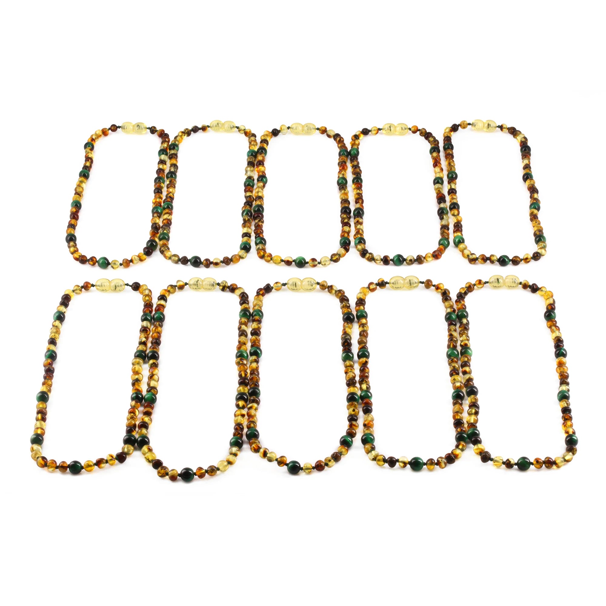Baltic Amber & Green Tiger Eye Junior Necklace Baroque Multicolor Glossy Finish - Wholesale Lot of 10pcs - 38cm / 15in - JN103
