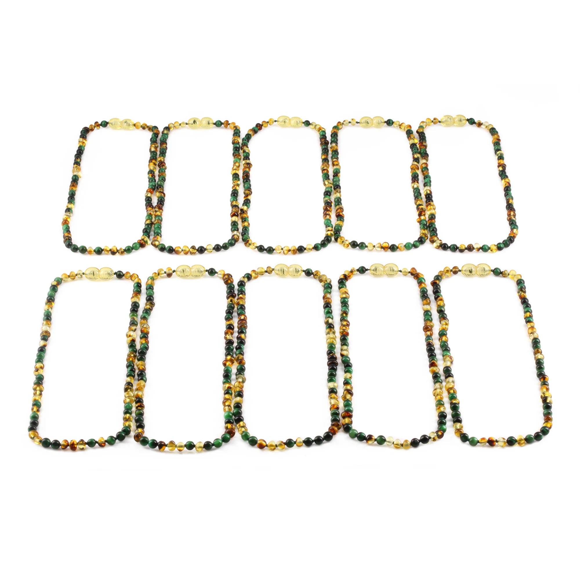 Baltic Amber & Green Tiger Eye Junior Necklace Baroque Multicolor Glossy Finish - Wholesale Lot of 10pcs - 38cm / 15in - JN103 V2