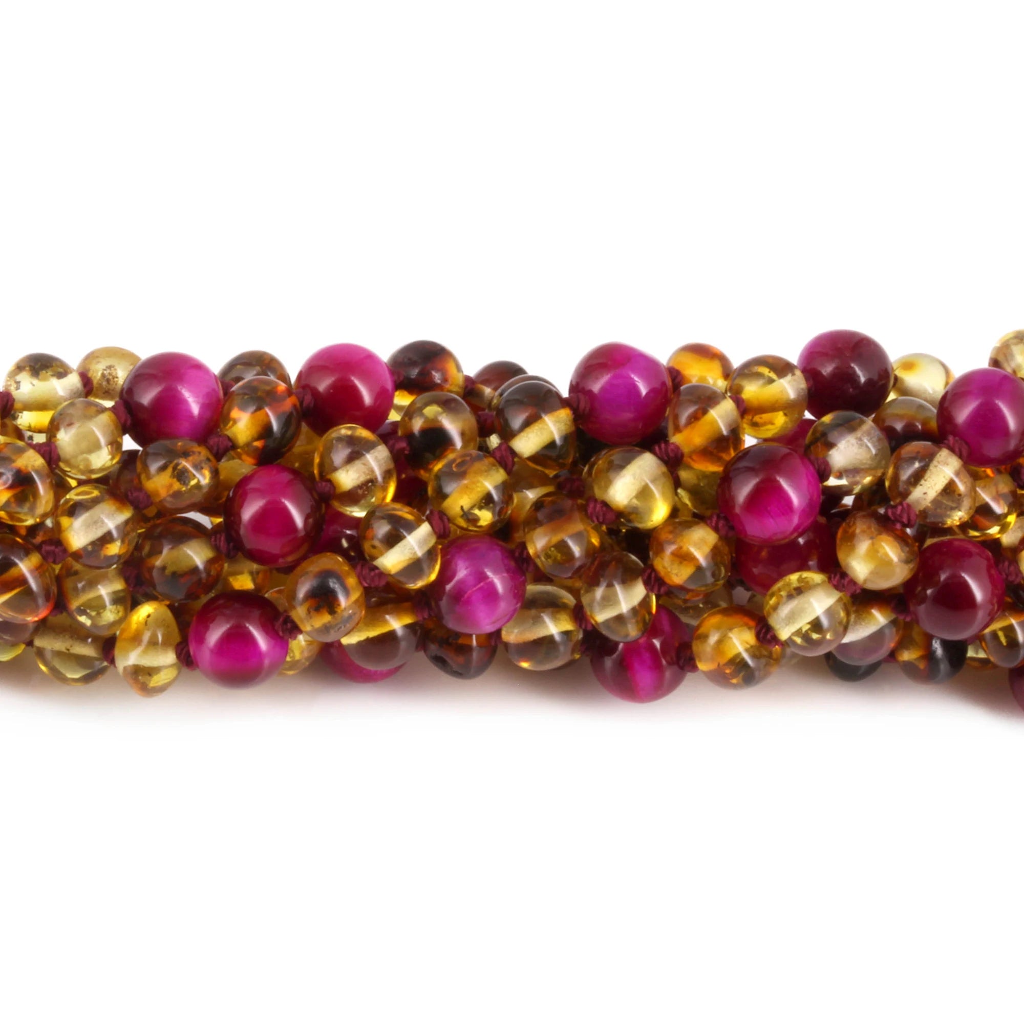 Baltic Amber & Magenta Tiger Eye Junior Necklace Baroque Multicolor Glossy Finish - Wholesale Lot of 10pcs - 38cm / 15in - JN102