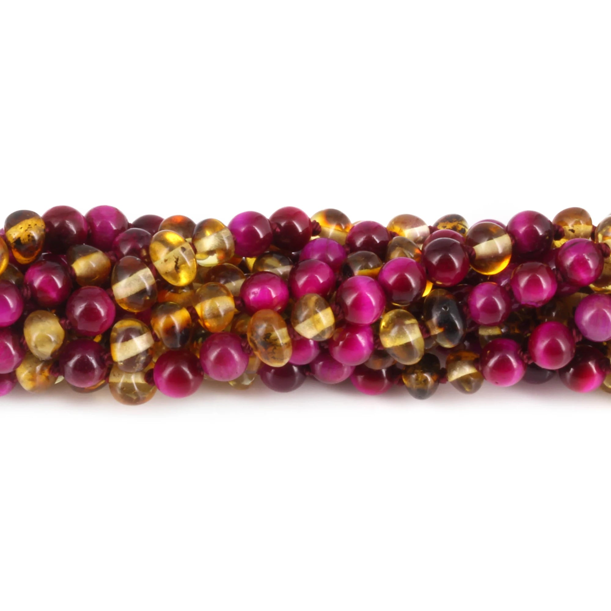 Baltic Amber & Magenta Tiger Eye Junior Necklace Baroque Multicolor Glossy Finish - Wholesale Lot of 10pcs - 38cm / 15in - JN102 V2