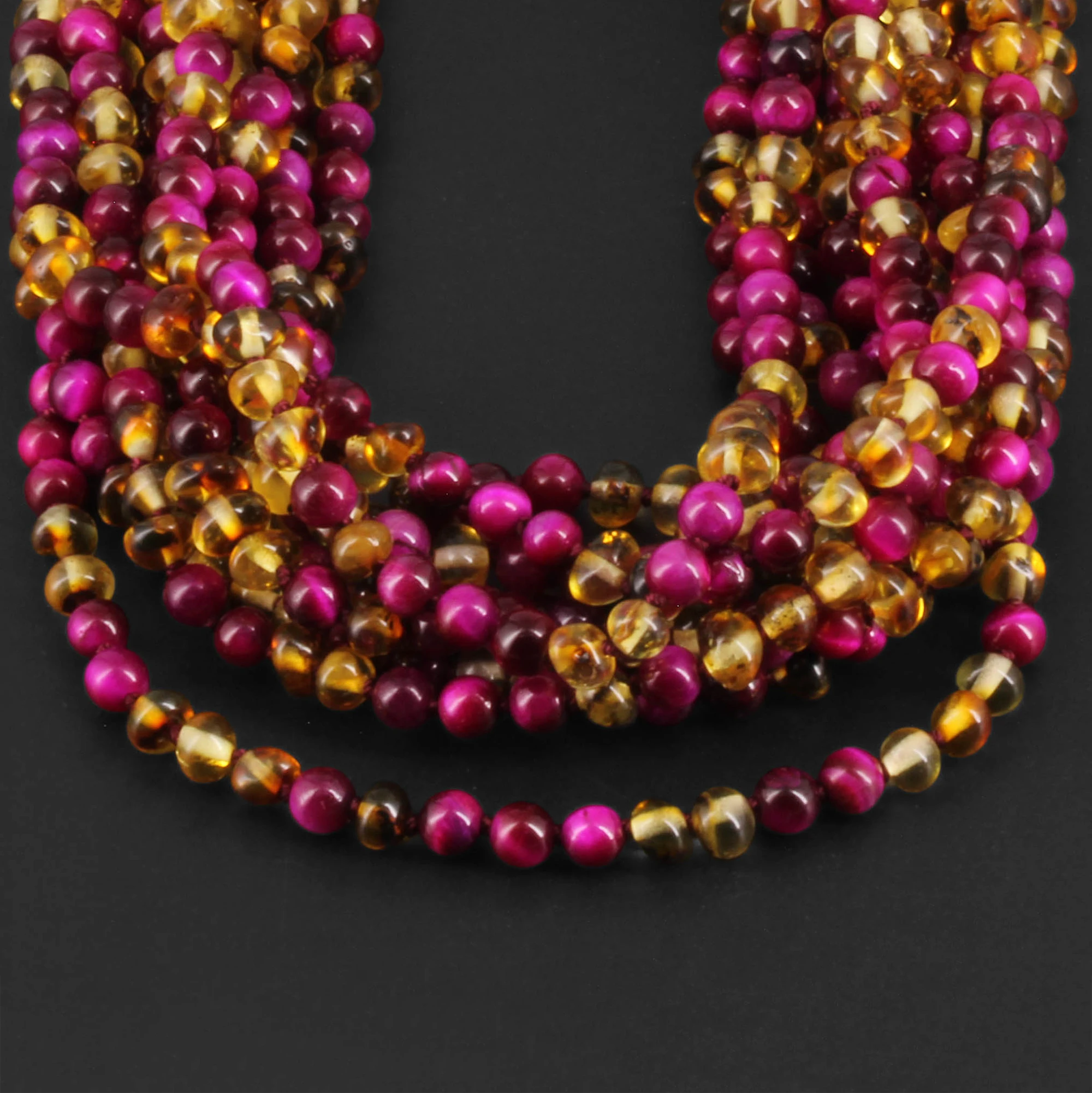 Baltic Amber & Magenta Tiger Eye Junior Necklace Baroque Multicolor Glossy Finish - Wholesale Lot of 10pcs - 38cm / 15in - JN102 V2