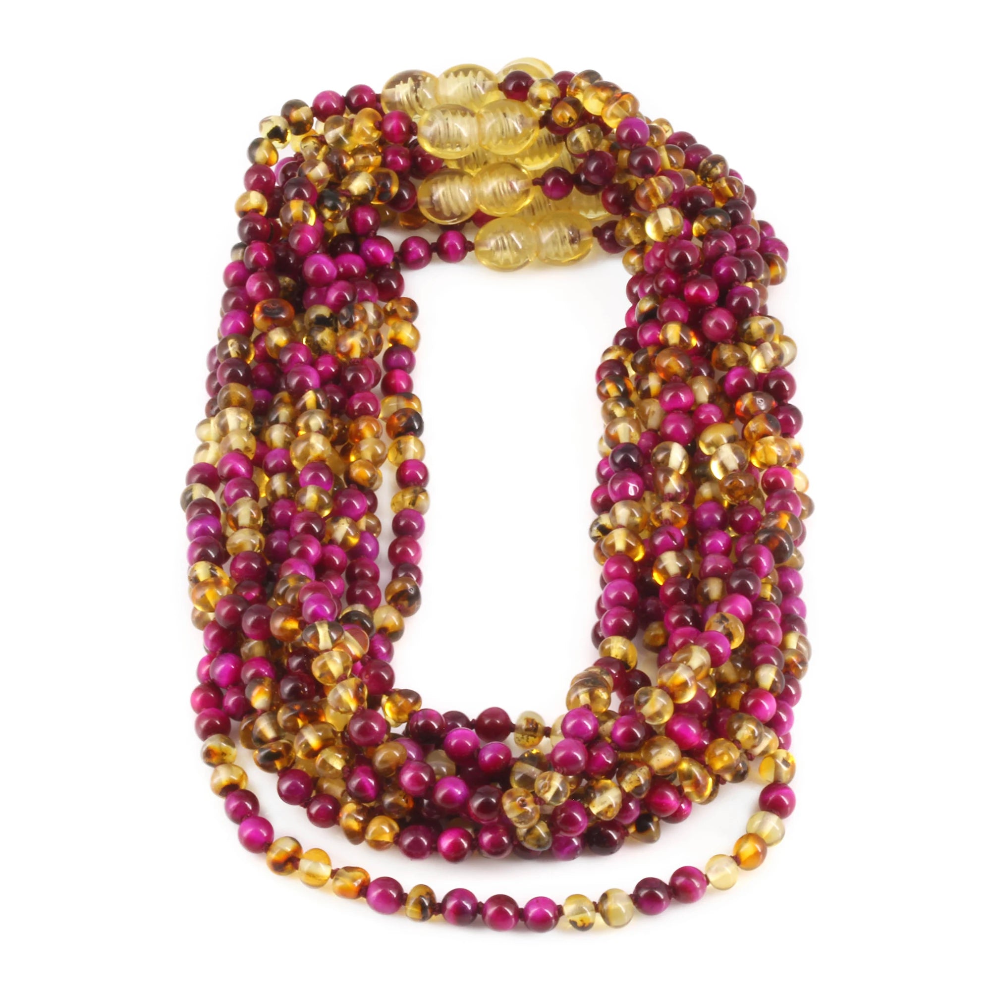 Baltic Amber & Magenta Tiger Eye Junior Necklace Baroque Multicolor Glossy Finish - Wholesale Lot of 10pcs - 38cm / 15in - JN102 V2