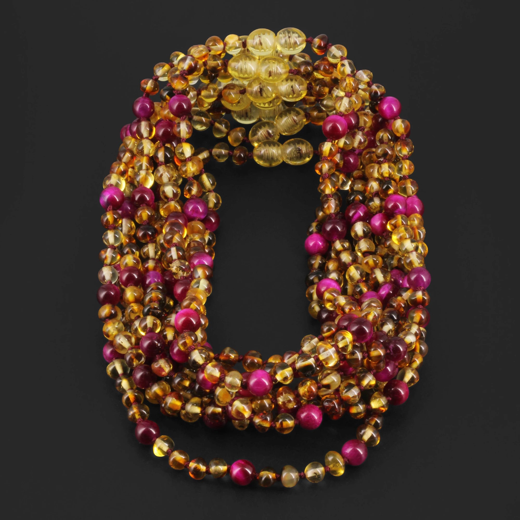 Baltic Amber & Magenta Tiger Eye Junior Necklace Baroque Multicolor Glossy Finish - Wholesale Lot of 10pcs - 38cm / 15in - JN102