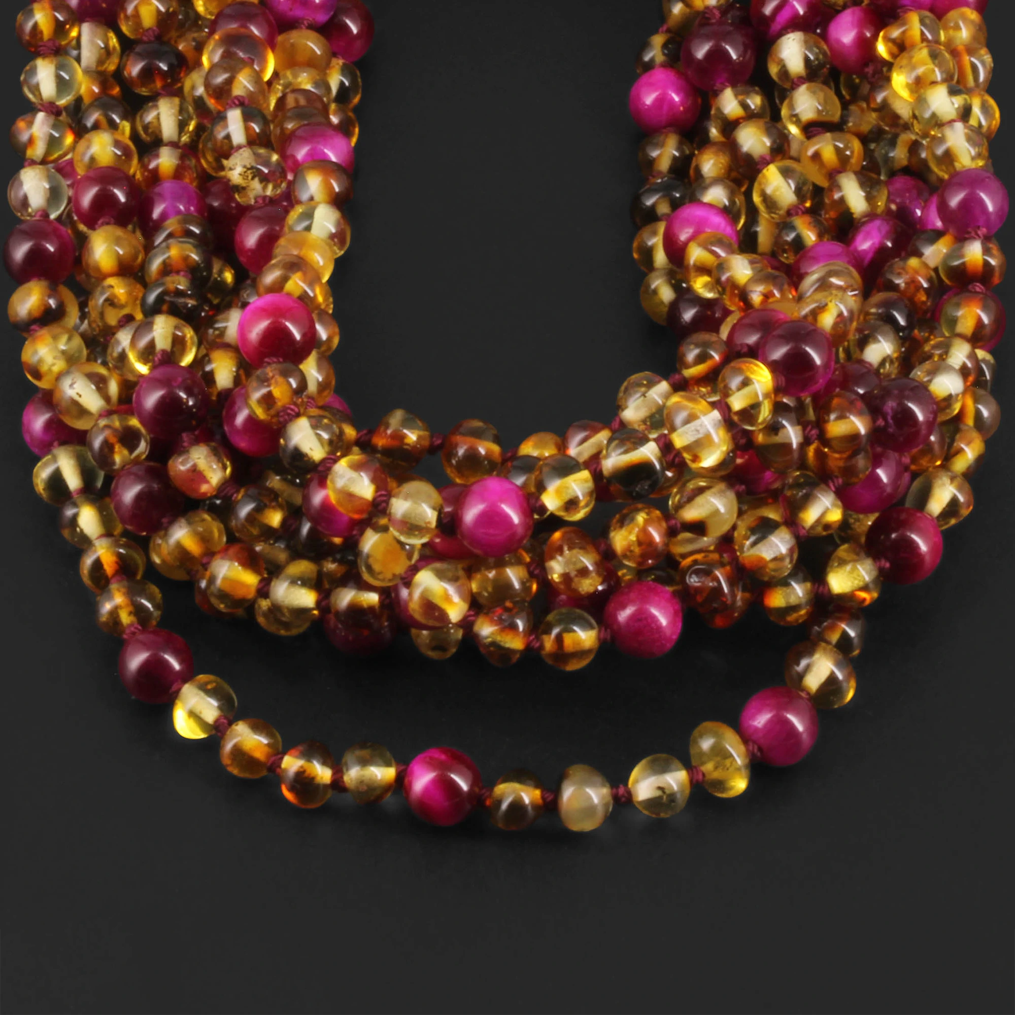 Baltic Amber & Magenta Tiger Eye Junior Necklace Baroque Multicolor Glossy Finish - Wholesale Lot of 10pcs - 38cm / 15in - JN102