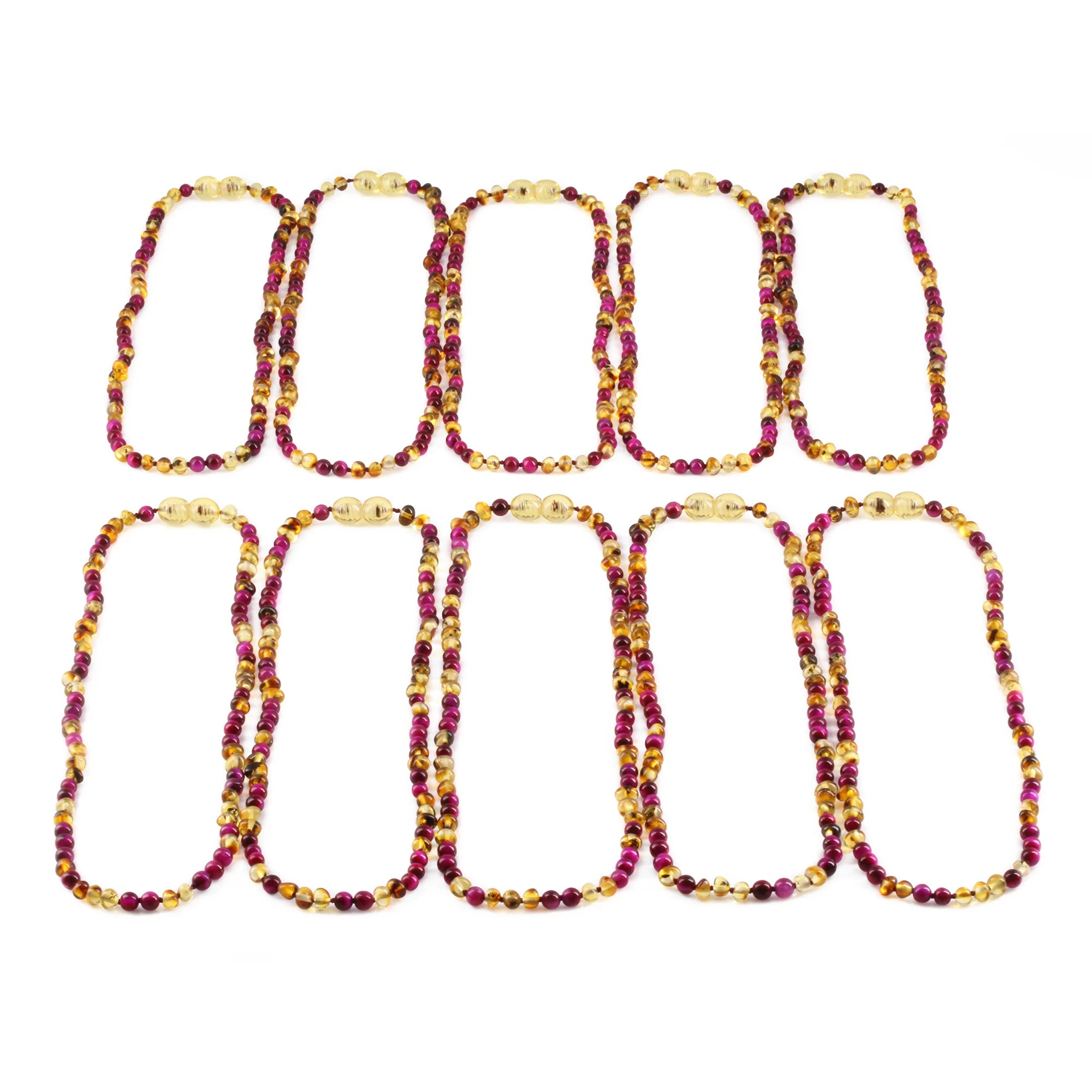 Baltic Amber & Magenta Tiger Eye Junior Necklace Baroque Multicolor Glossy Finish - Wholesale Lot of 10pcs - 38cm / 15in - JN102 V2