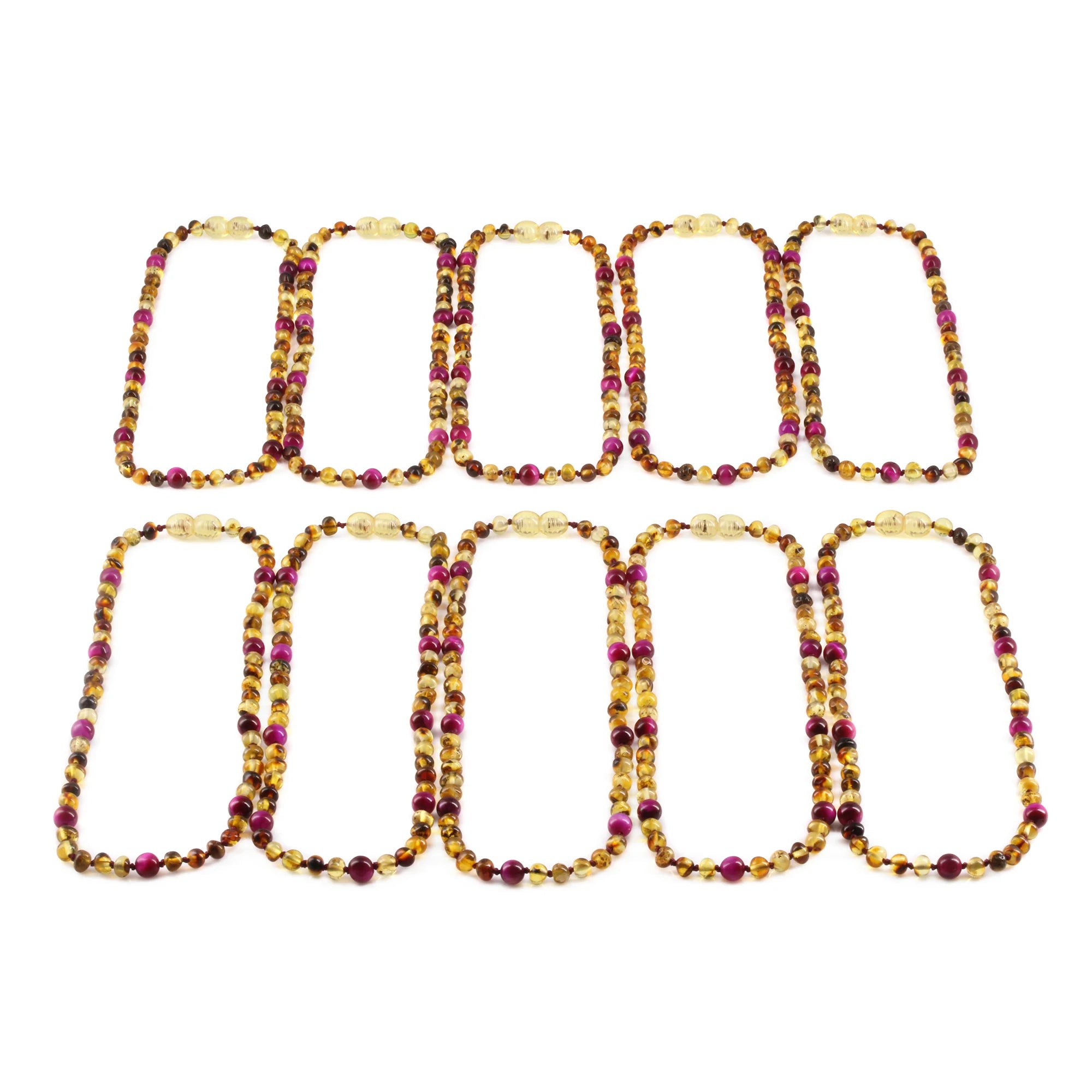 Baltic Amber & Magenta Tiger Eye Junior Necklace Baroque Multicolor Glossy Finish - Wholesale Lot of 10pcs - 38cm / 15in - JN102