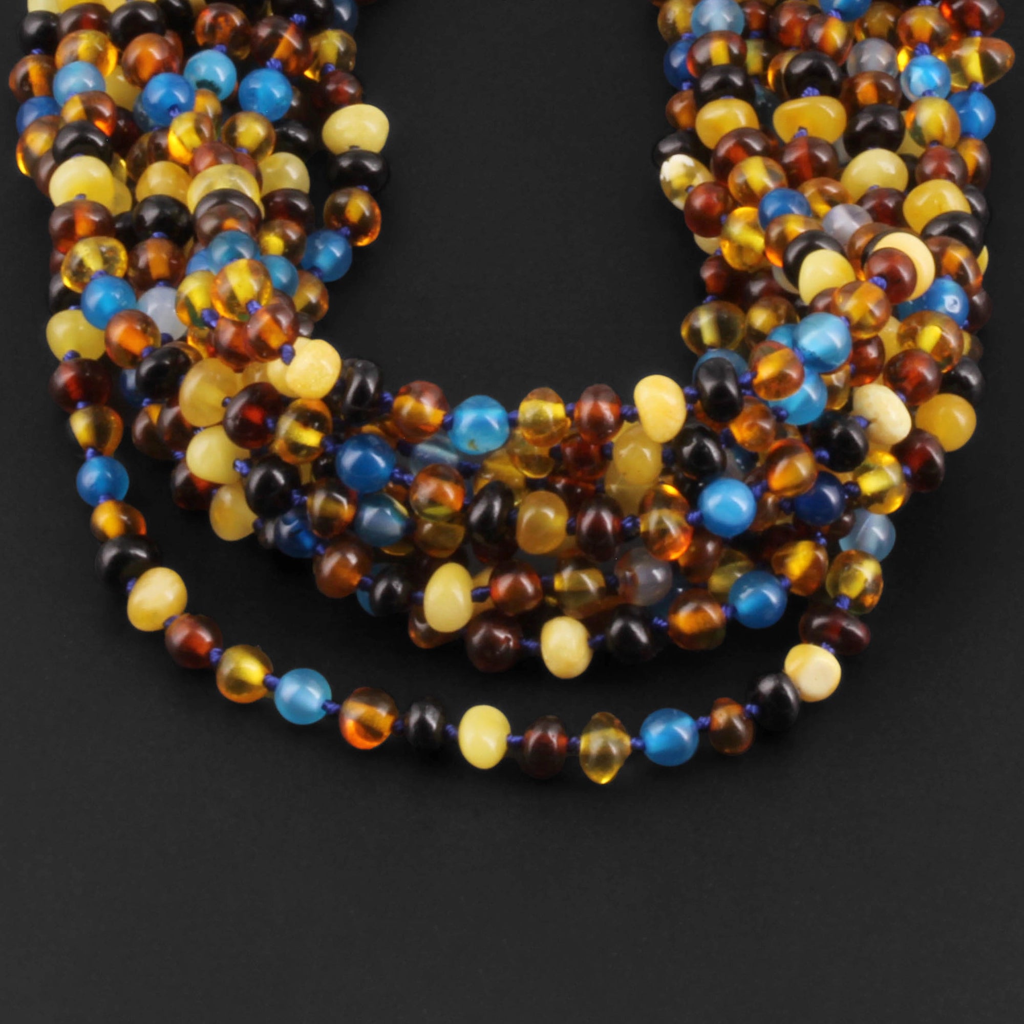 Baltic Amber & Blue Lace Agate Junior Necklace Baroque Multicolor Glossy Finish - Wholesale Lot of 10pcs - 38cm / 15in - JN94-S