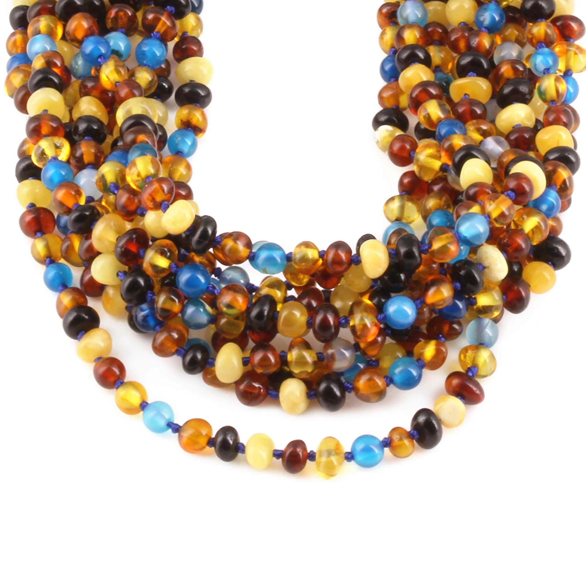 Baltic Amber & Blue Lace Agate Junior Necklace Baroque Multicolor Glossy Finish - Wholesale Lot of 10pcs - 38cm / 15in - JN94-S