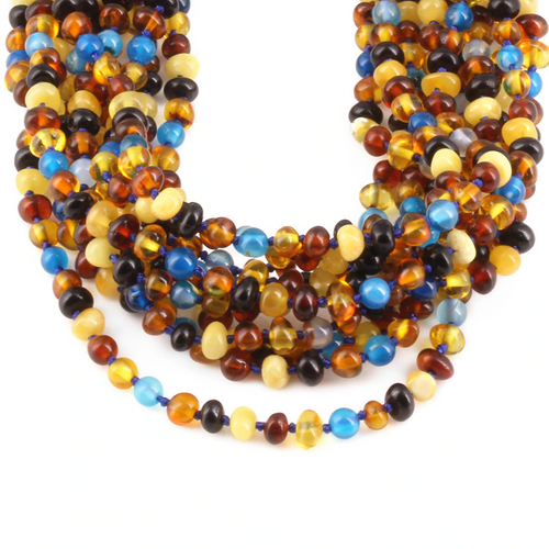 Baltic Amber & Blue Lace Agate Junior Necklace Baroque Multicolor Glossy Finish - Wholesale Lot of 10pcs - 38cm / 15in - JN94-S