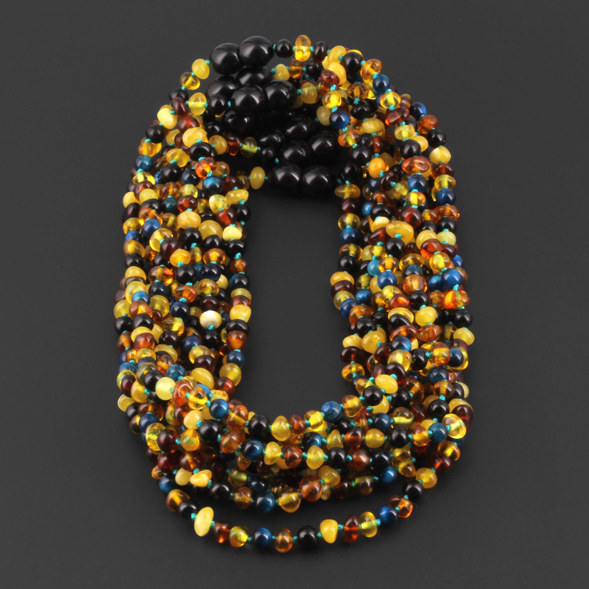 Baltic Amber & Blue Tiger Eye Junior Necklace Baroque Multicolor Glossy Finish - Wholesale Lot of 10pcs - 38cm / 15in - JN93-S