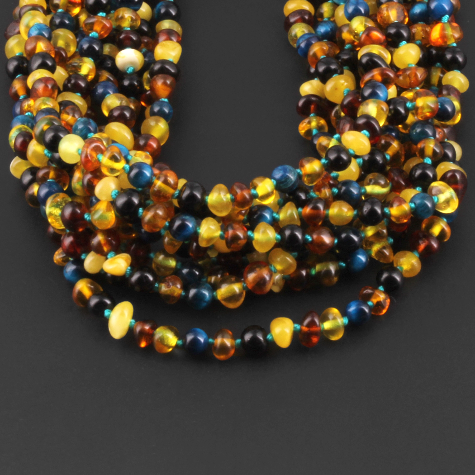Baltic Amber & Blue Tiger Eye Junior Necklace Baroque Multicolor Glossy Finish - Wholesale Lot of 10pcs - 38cm / 15in - JN93-S