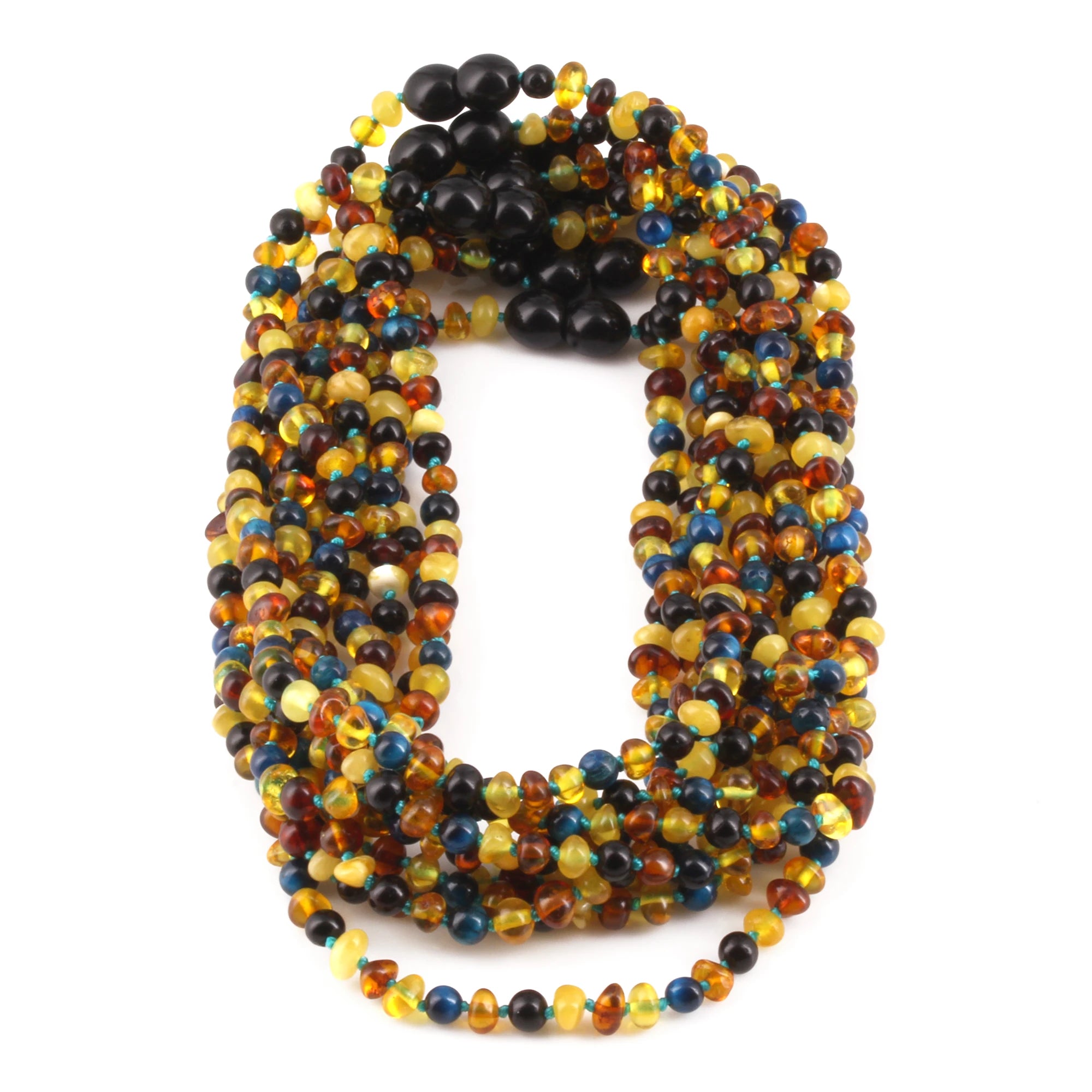 Baltic Amber & Blue Tiger Eye Junior Necklace Baroque Multicolor Glossy Finish - Wholesale Lot of 10pcs - 38cm / 15in - JN93-S