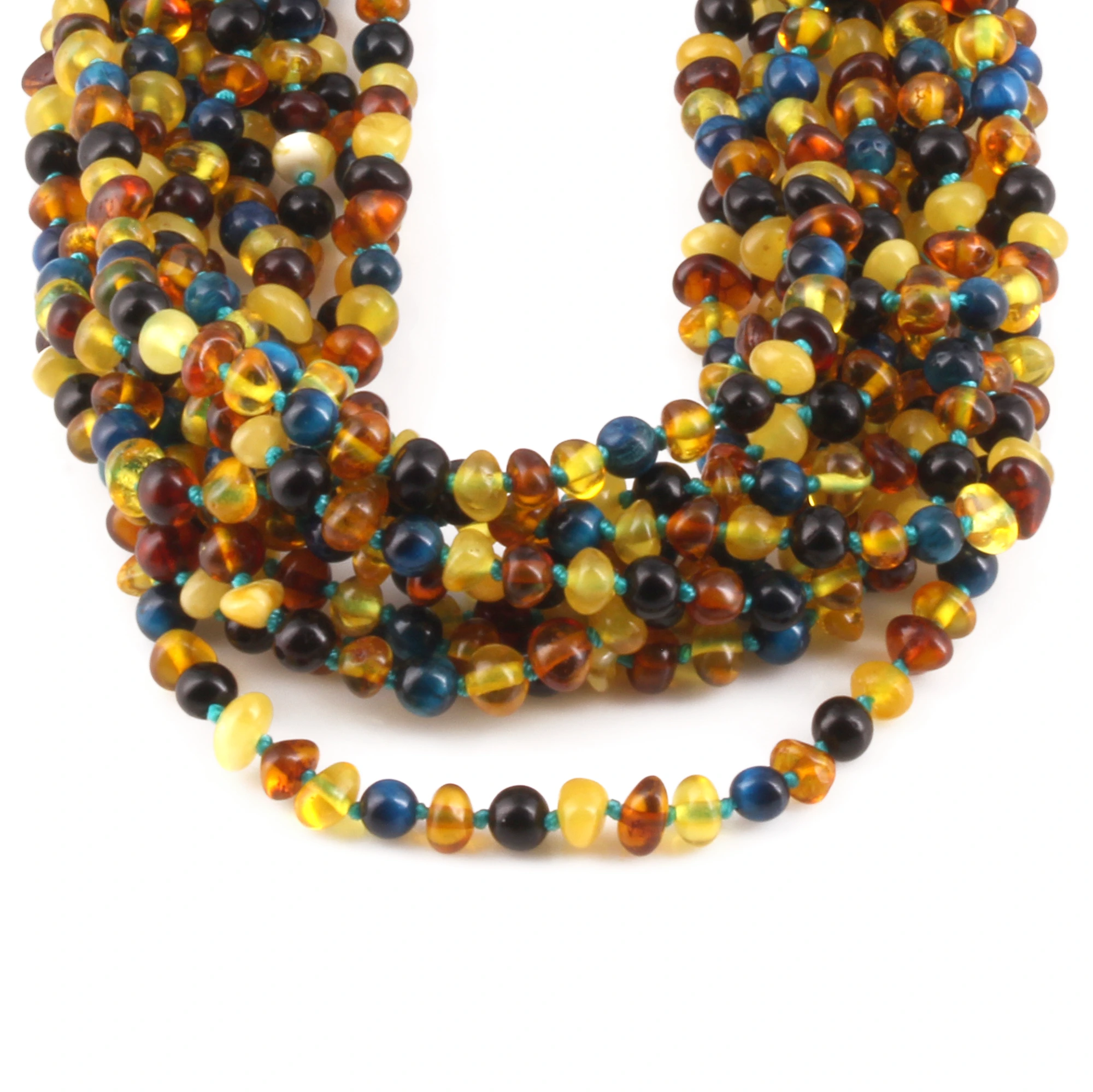 Baltic Amber & Blue Tiger Eye Junior Necklace Baroque Multicolor Glossy Finish - Wholesale Lot of 10pcs - 38cm / 15in - JN93-S