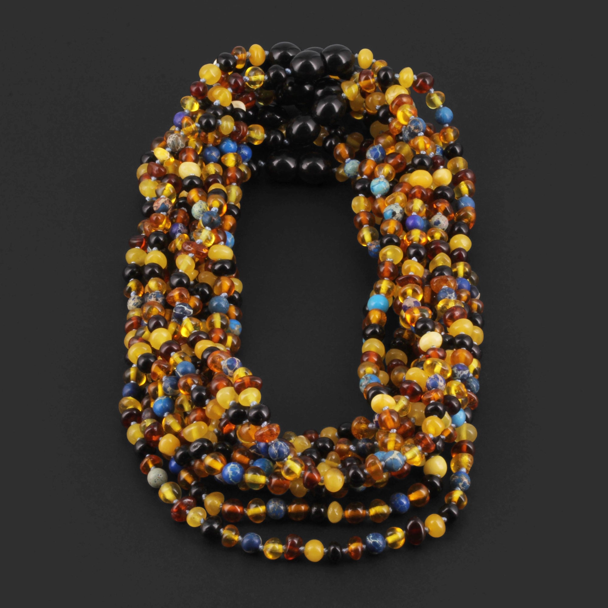 Baltic Amber & Blue Jasper Junior Necklace Baroque Multicolor Glossy Finish - Wholesale Lot of 10pcs - 38cm / 15in - JN101-S