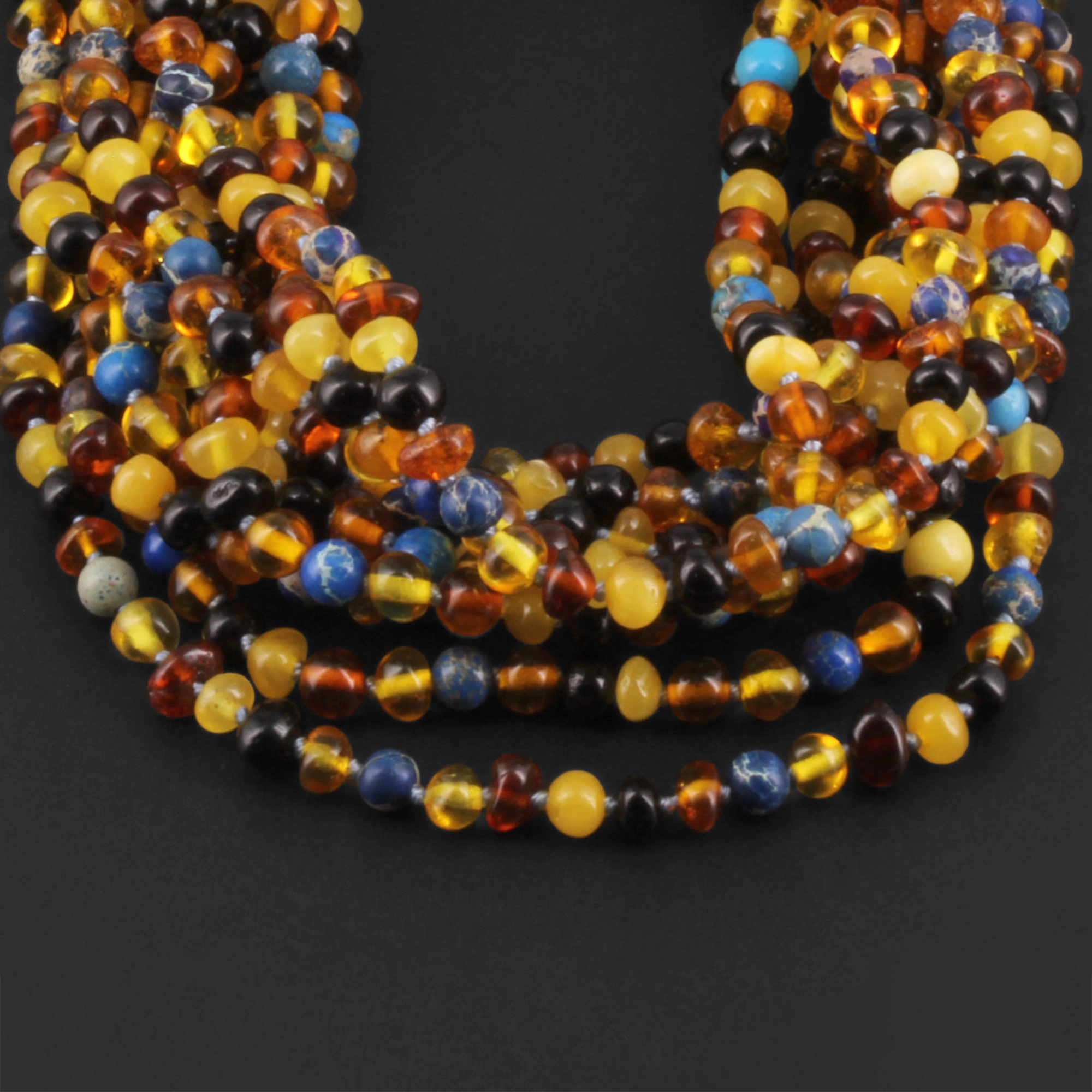Baltic Amber & Blue Jasper Junior Necklace Baroque Multicolor Glossy Finish - Wholesale Lot of 10pcs - 38cm / 15in - JN101-S