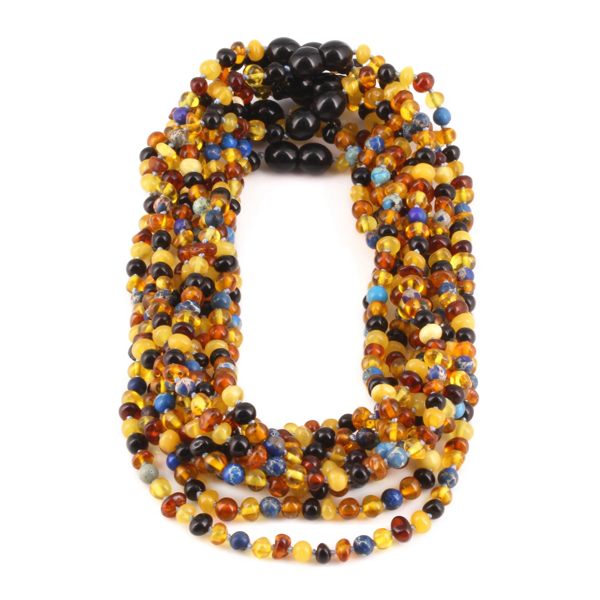 Baltic Amber & Blue Jasper Junior Necklace Baroque Multicolor Glossy Finish - Wholesale Lot of 10pcs - 38cm / 15in - JN101-S