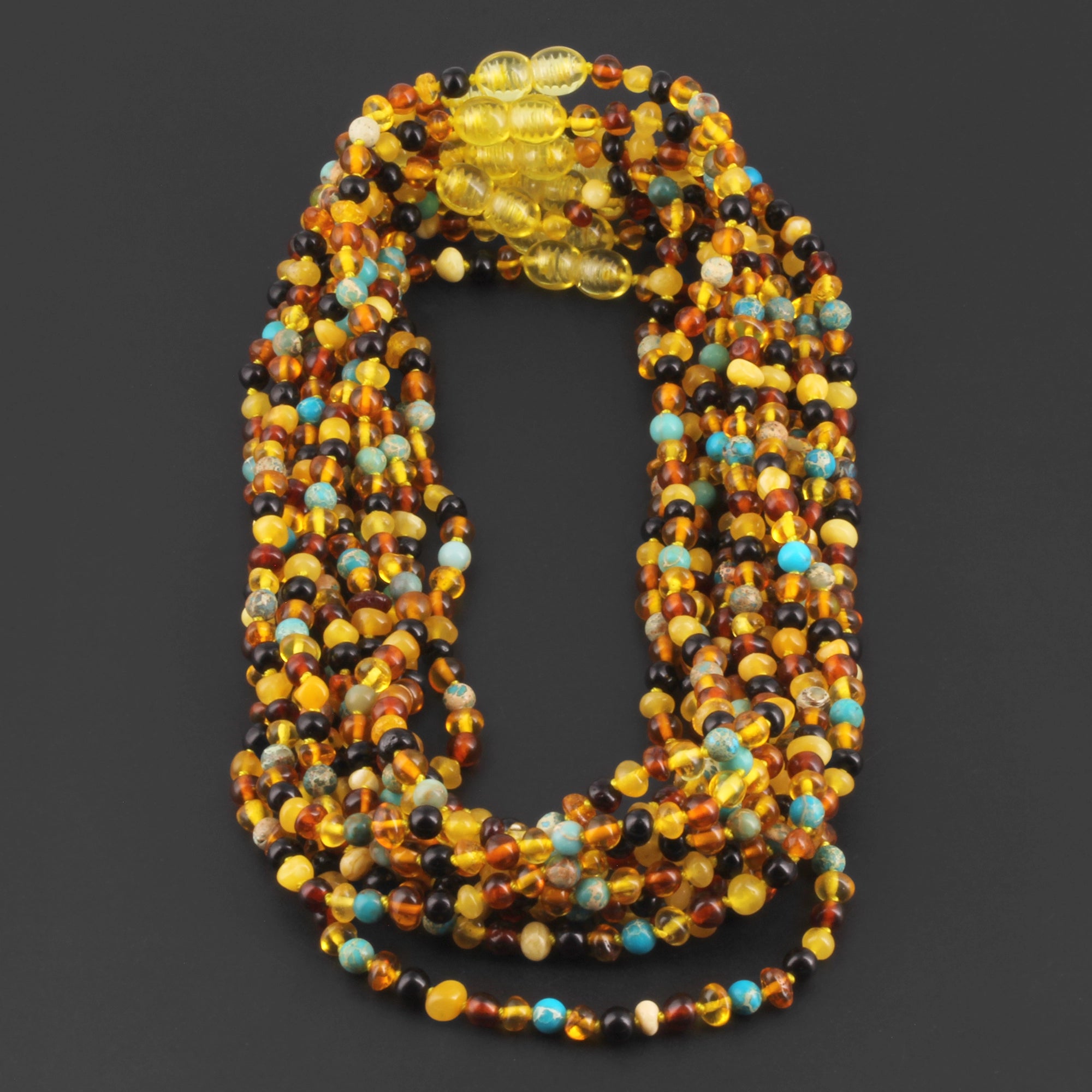 Baltic Amber & Gemstone Junior Necklace Baroque Multicolor Glossy Finish - Wholesale Lot of 10pcs - 38cm / 15in - JN96-S