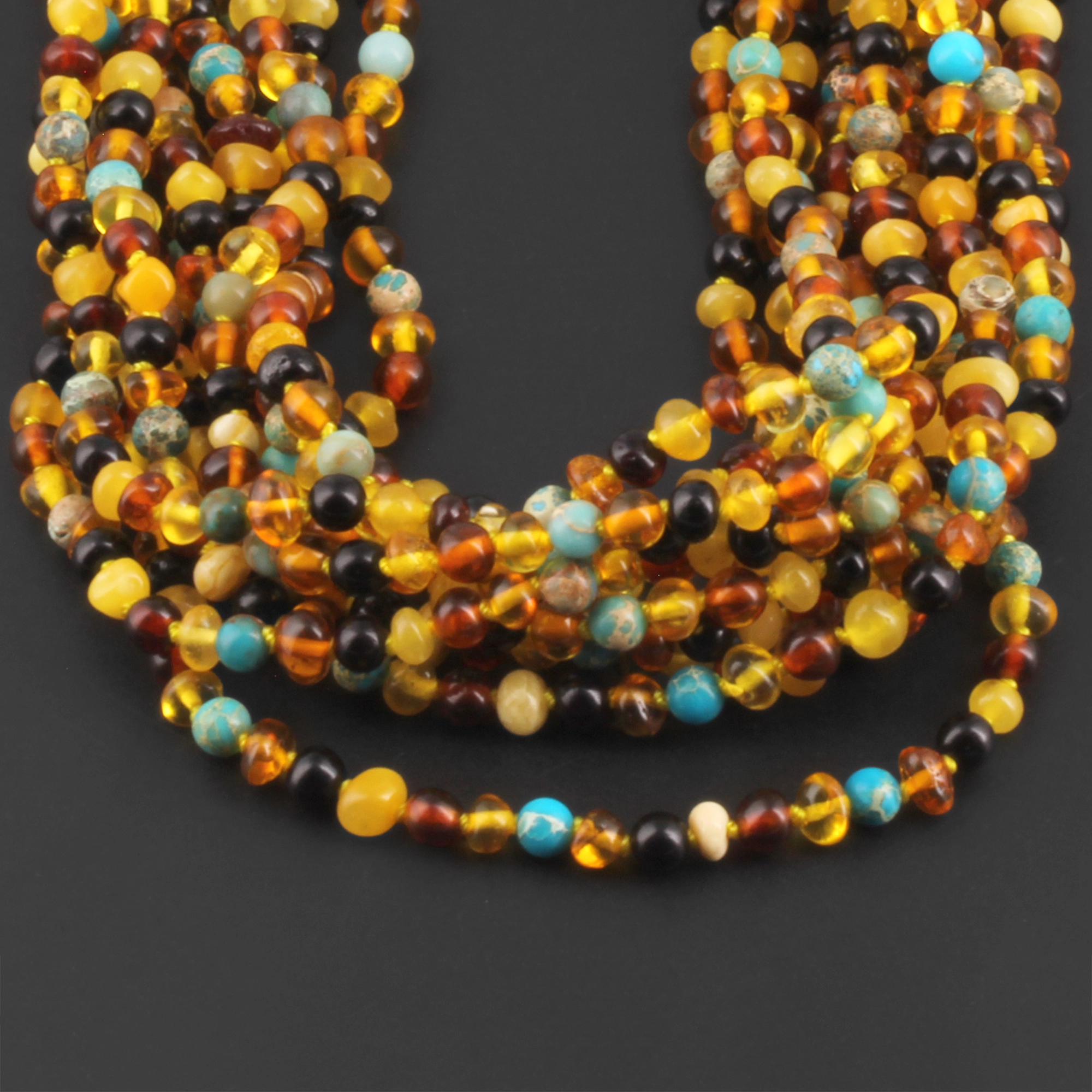 Baltic Amber & Gemstone Junior Necklace Baroque Multicolor Glossy Finish - Wholesale Lot of 10pcs - 38cm / 15in - JN96-S