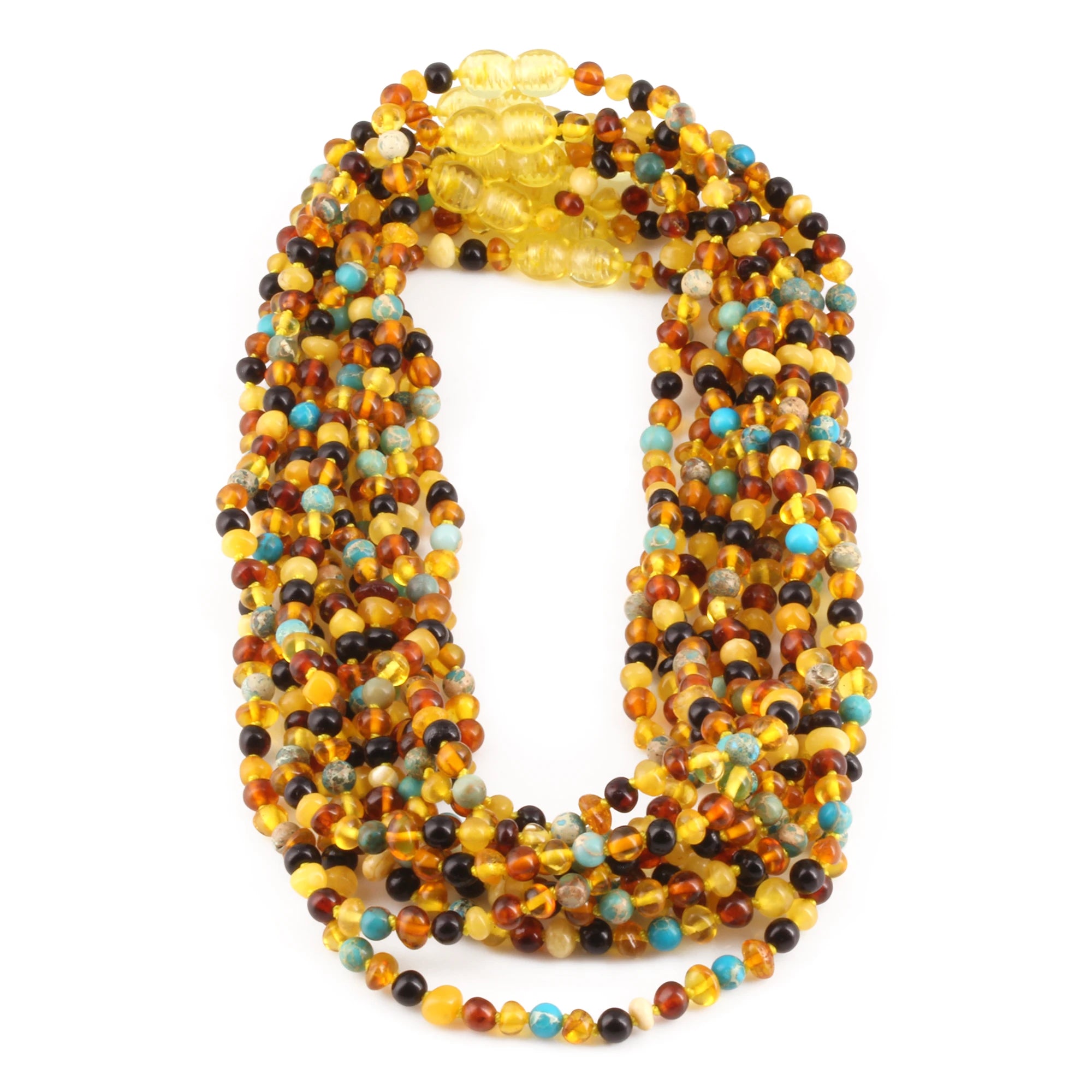 Baltic Amber & Gemstone Junior Necklace Baroque Multicolor Glossy Finish - Wholesale Lot of 10pcs - 38cm / 15in - JN96-S