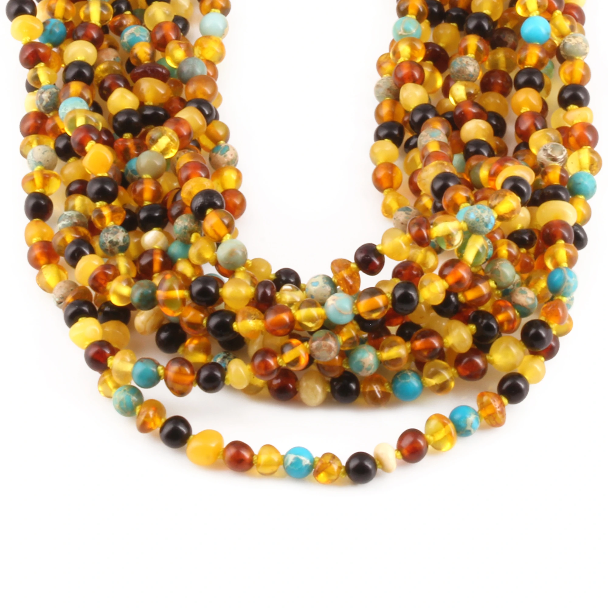 Baltic Amber & Gemstone Junior Necklace Baroque Multicolor Glossy Finish - Wholesale Lot of 10pcs - 38cm / 15in - JN96-S
