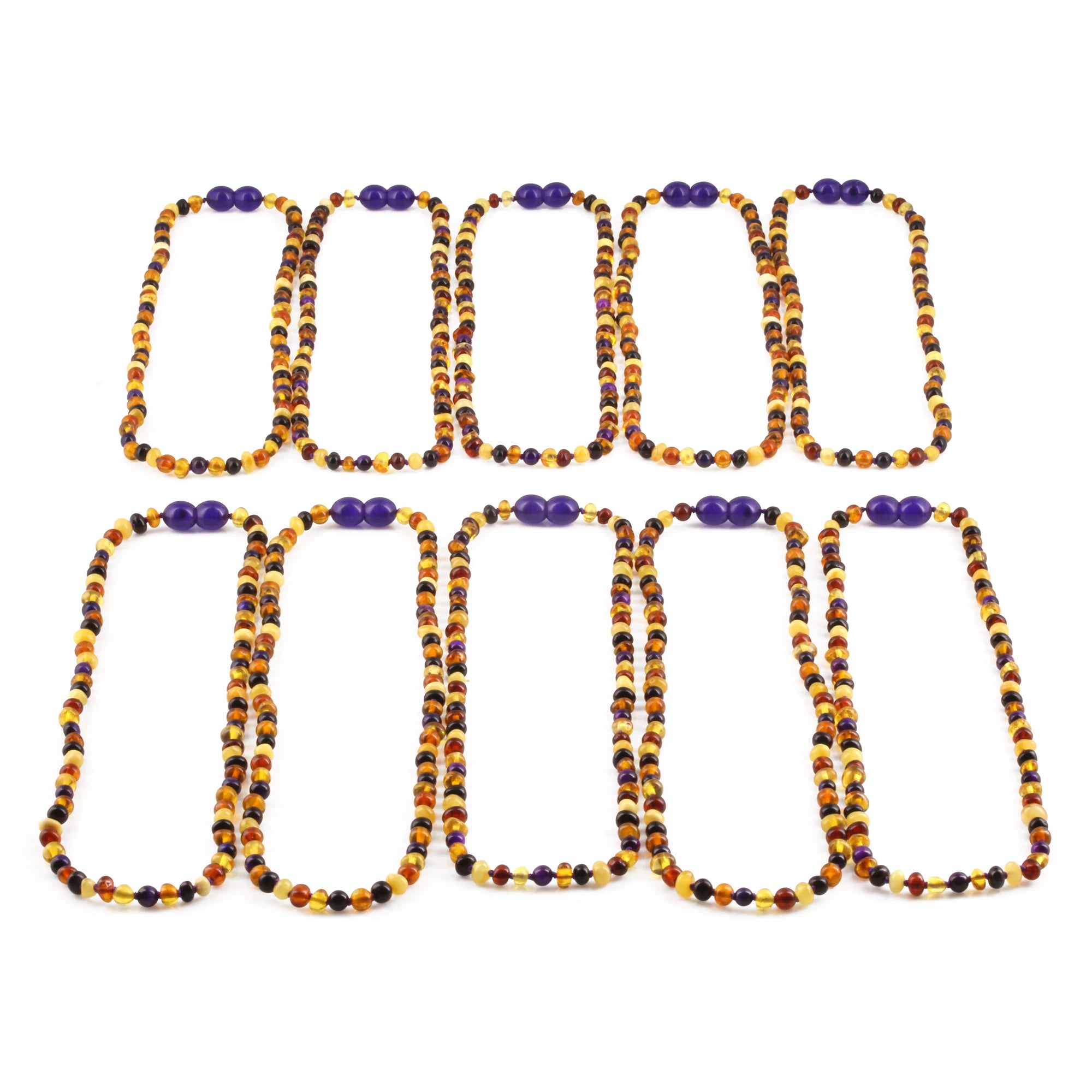 Baltic Amber & Purple Tiger Eye Junior Necklace Baroque Multicolor Glossy Finish - Wholesale Lot of 10pcs - 38cm / 15in - JN100-S