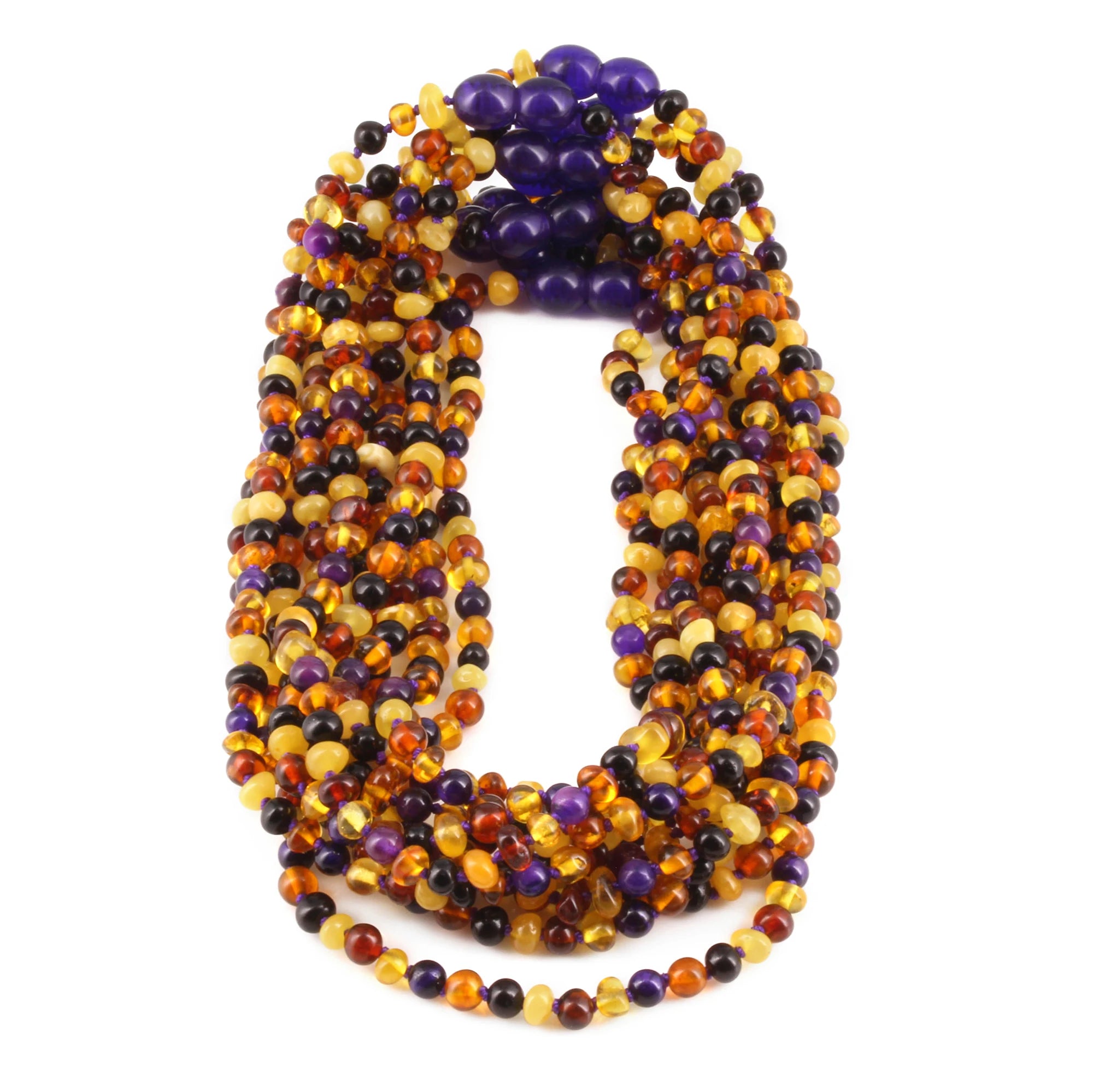 Baltic Amber & Purple Tiger Eye Junior Necklace Baroque Multicolor Glossy Finish - Wholesale Lot of 10pcs - 38cm / 15in - JN100-S