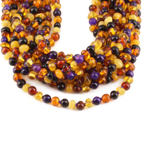 Baltic Amber & Purple Tiger Eye Junior Necklace Baroque Multicolor Glossy Finish - Wholesale Lot of 10pcs - 38cm / 15in - JN100-S