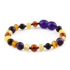 Baltic Amber & Purple Tiger Eye Baby Teething Bracelet Baroque Multicolor Glossy Finish - Wholesale Lot of 10pcs - 14cm / 5.5in - LE554