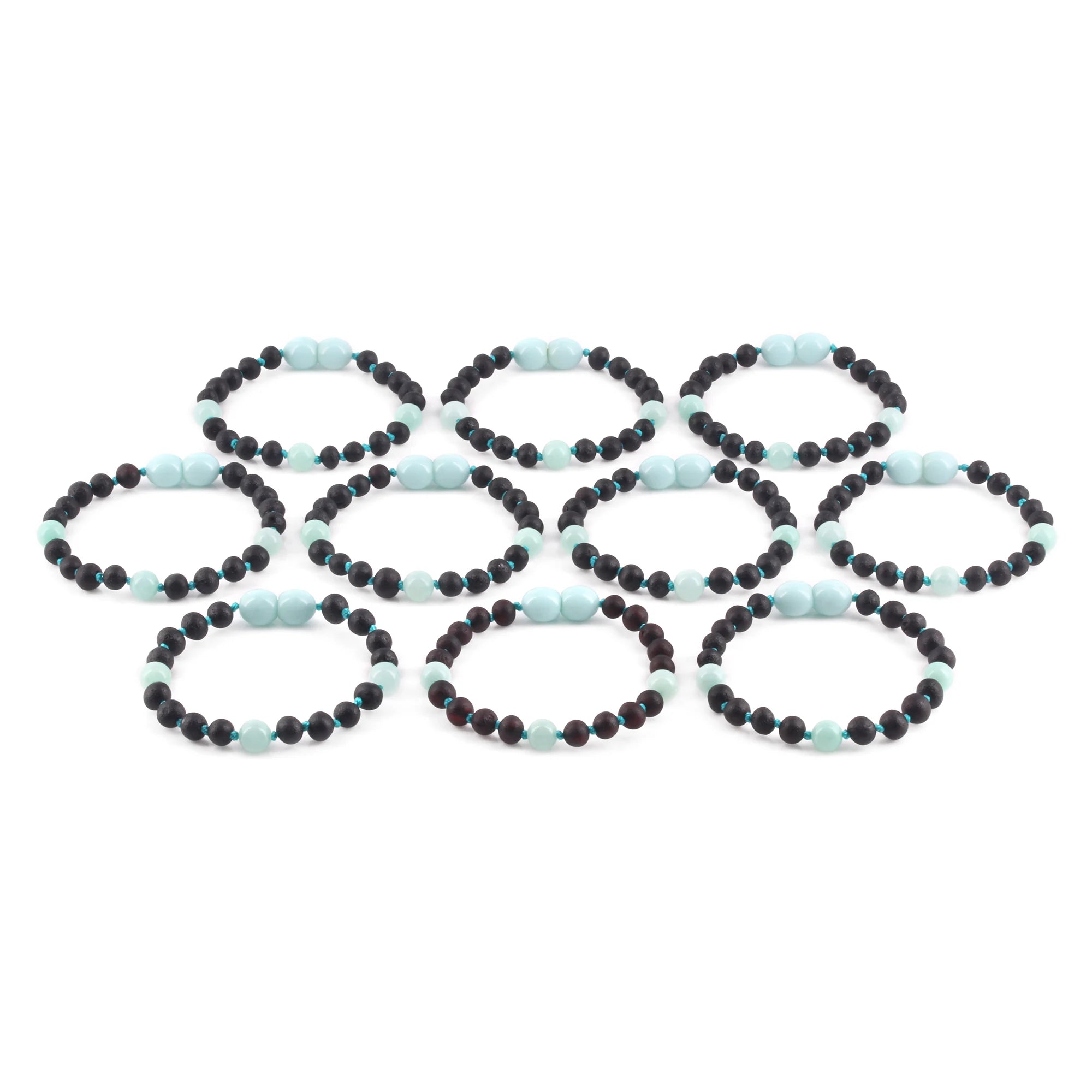 BALTIC AMBER BABY TEETHING BRACELETS WITH SKY BLUE JADE LOT OF 10pcs. LE547