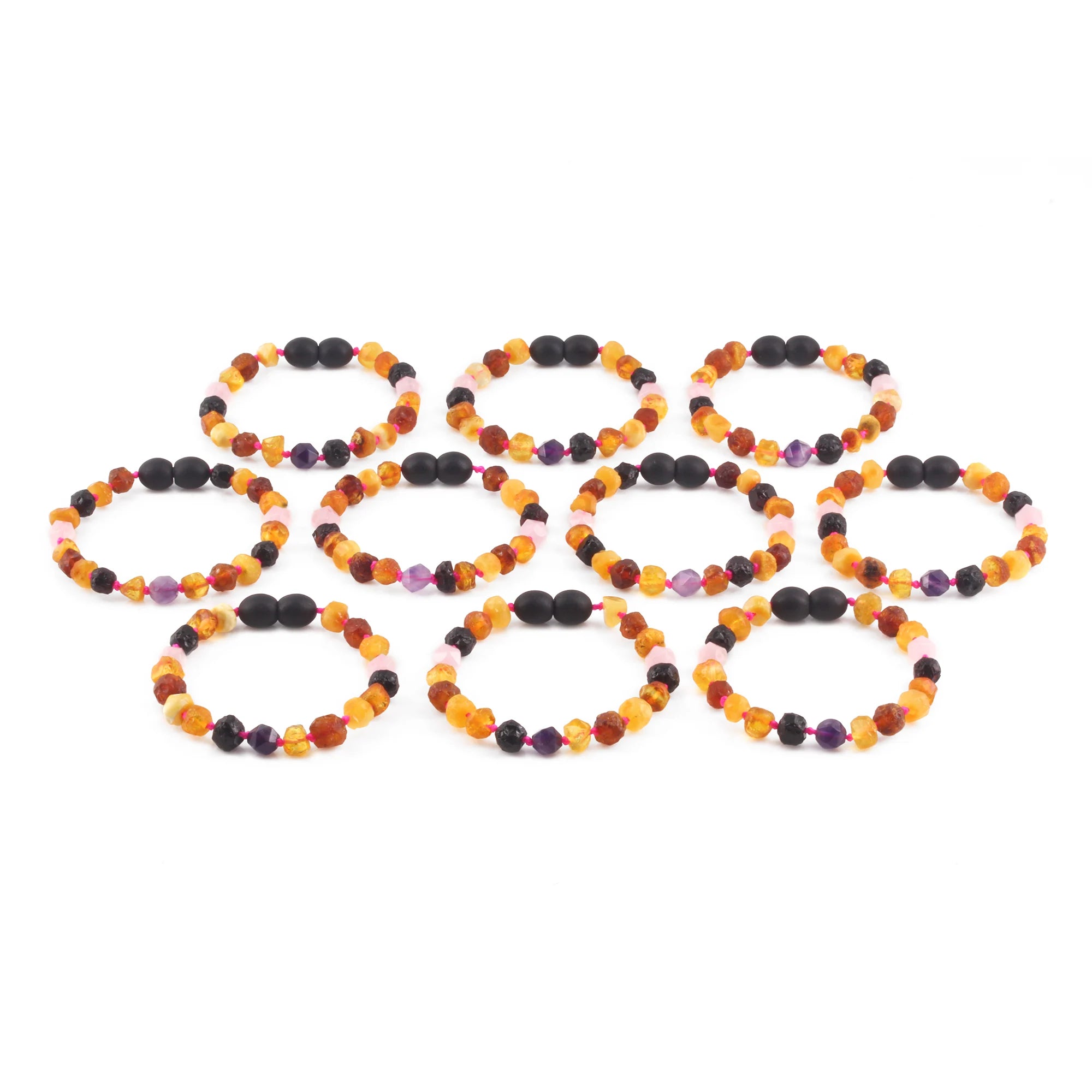 BALTIC AMBER BABY BRACELETS WITH AMETHYST & ROSE QUARTZ LOT OF 10pcs. LE560