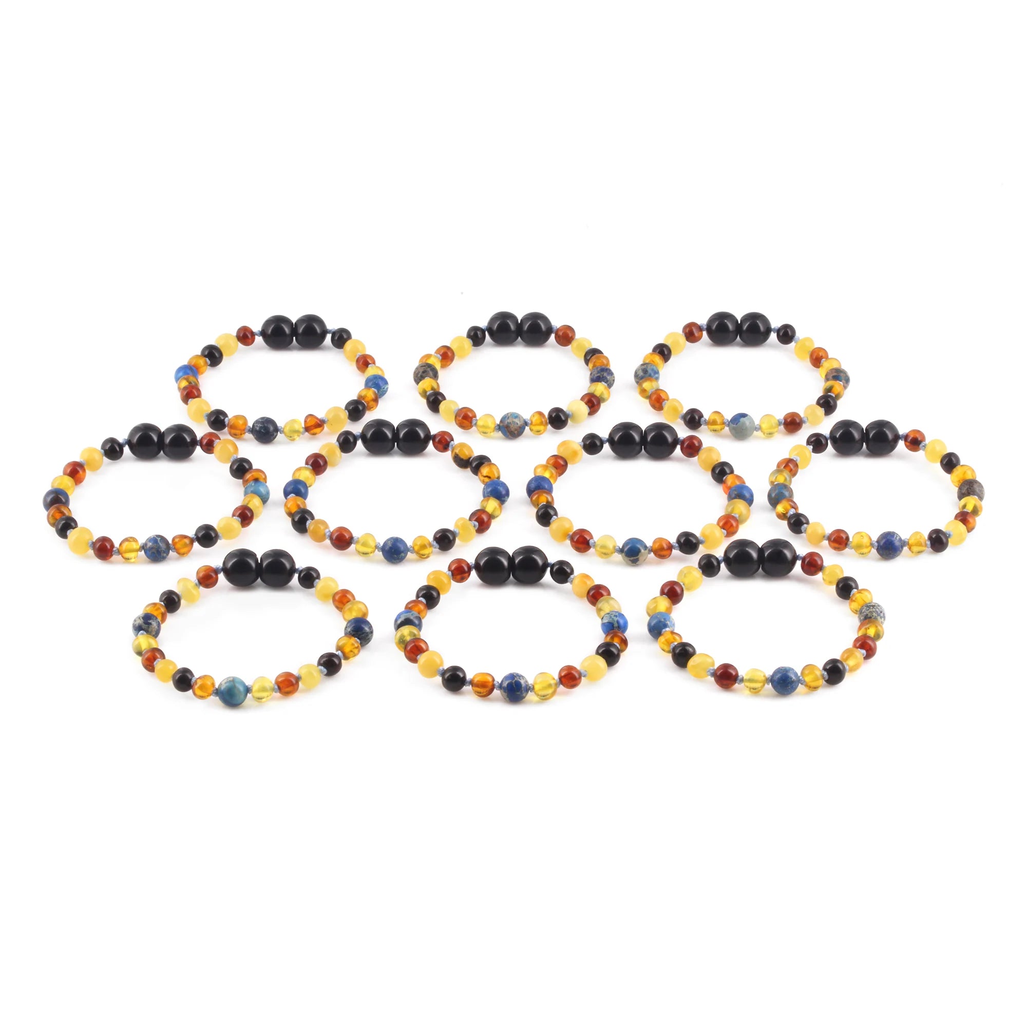 BALTIC AMBER BABY TEETHING BRACELETS WITH DEEP BLUE IMPERIAL JASPER LOT OF 10pcs. LE555