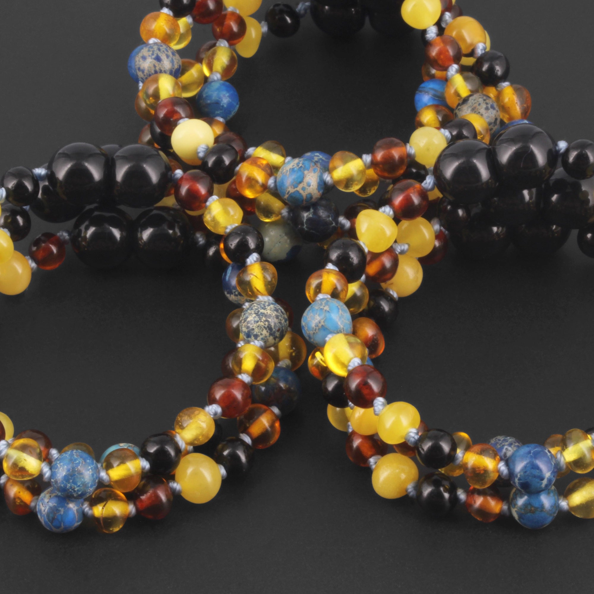 Baltic Amber & Blue Jasper Baby Teething Bracelet Baroque Multicolor Glossy Finish - Wholesale Lot of 10pcs - 14cm / 5.5in - LE555