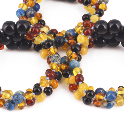 Baltic Amber & Blue Jasper Baby Teething Bracelet Baroque Multicolor Glossy Finish - Wholesale Lot of 10pcs - 14cm / 5.5in - LE555