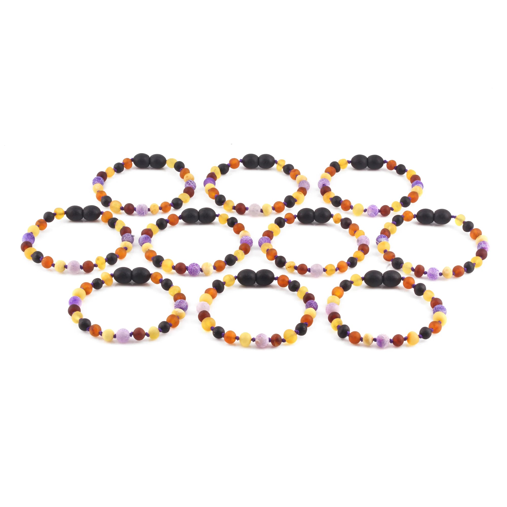 BALTIC AMBER BABY TEETHING BRACELETS WITH PURPLE FROST AGATE LOT OF 10pcs. LE488